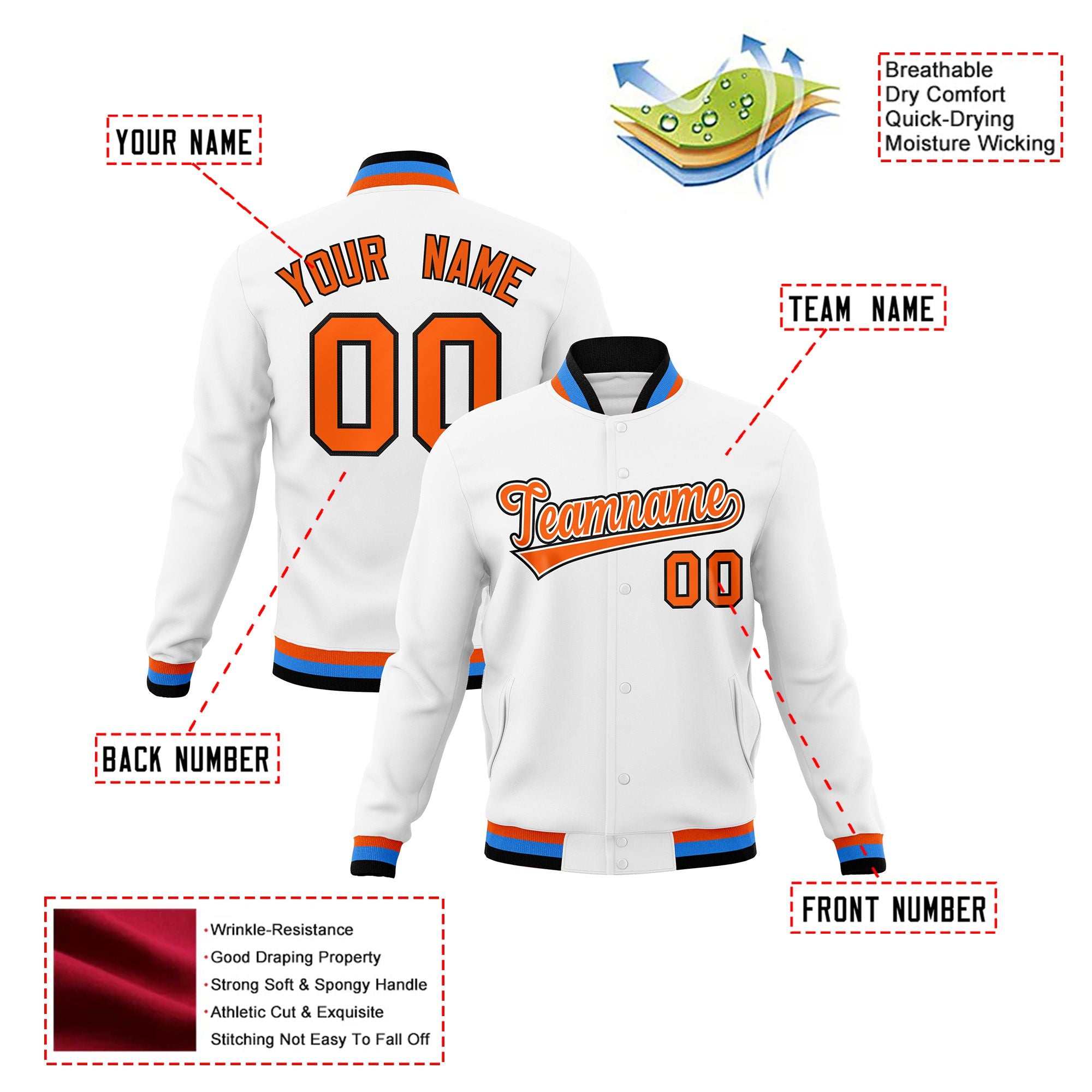 Custom White- Orange-Powder Blue Bomber Full-Snap Varsity Letterman Jacket