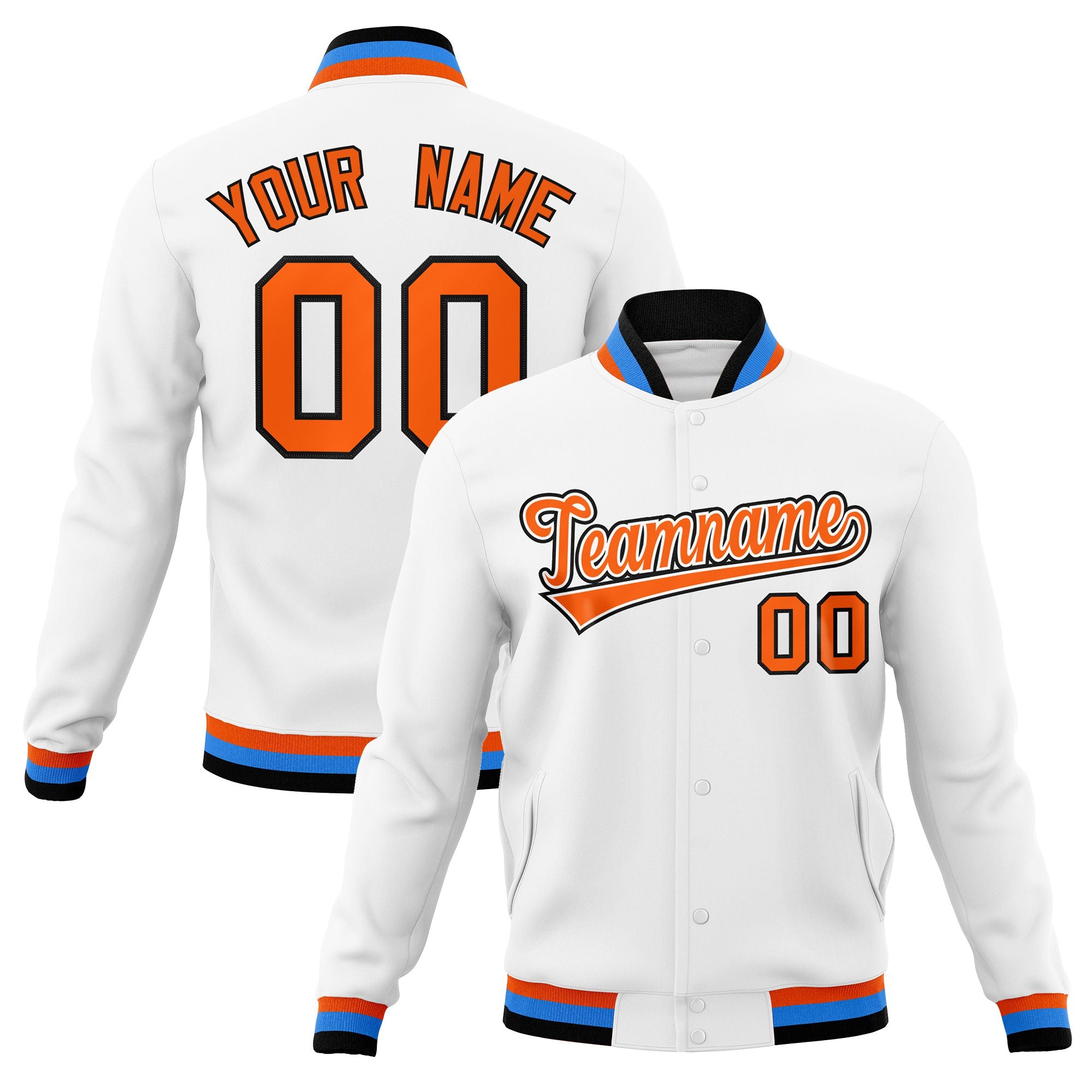 Custom White- Orange-Powder Blue Bomber Full-Snap Varsity Letterman Jacket