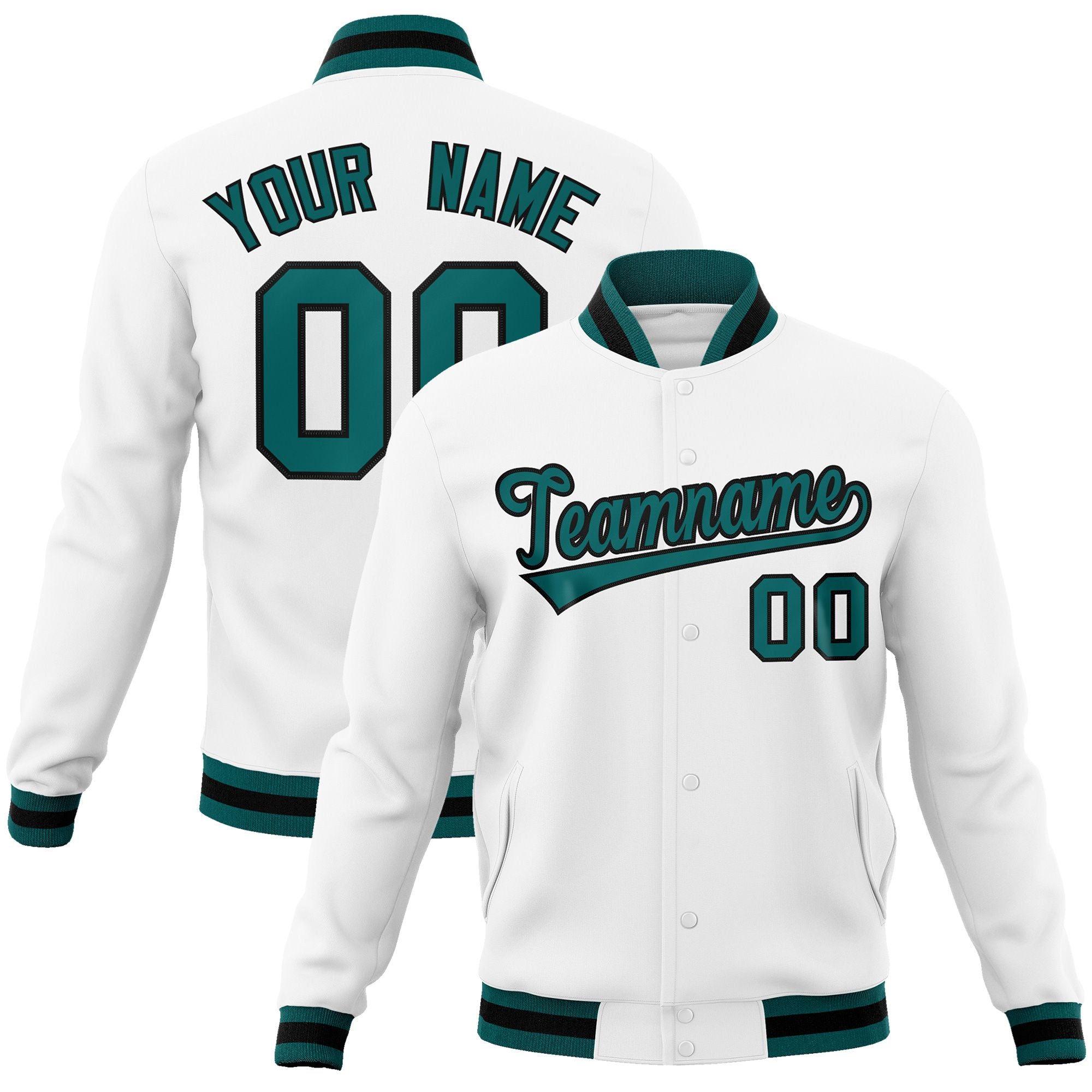 Custom White- Midnight Green- Black Bomber Full-Snap Varsity Letterman Jacket