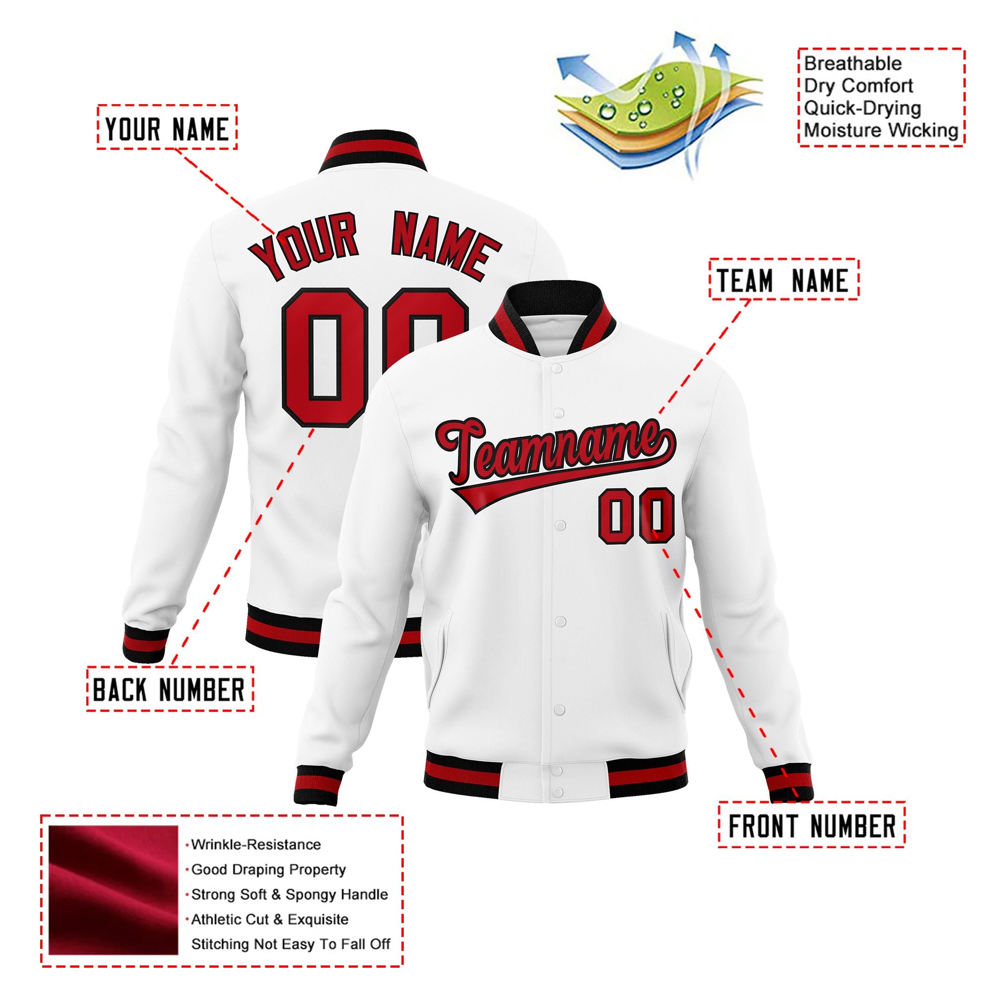 Custom White-Red-Black Bomber Full-Snap Varsity Letterman Jacket