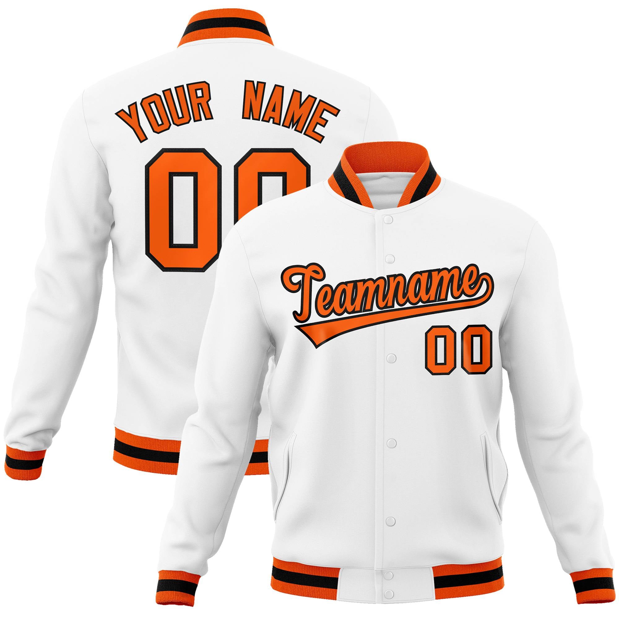 Custom White- Orange-Black Bomber Full-Snap Varsity Letterman Jacket