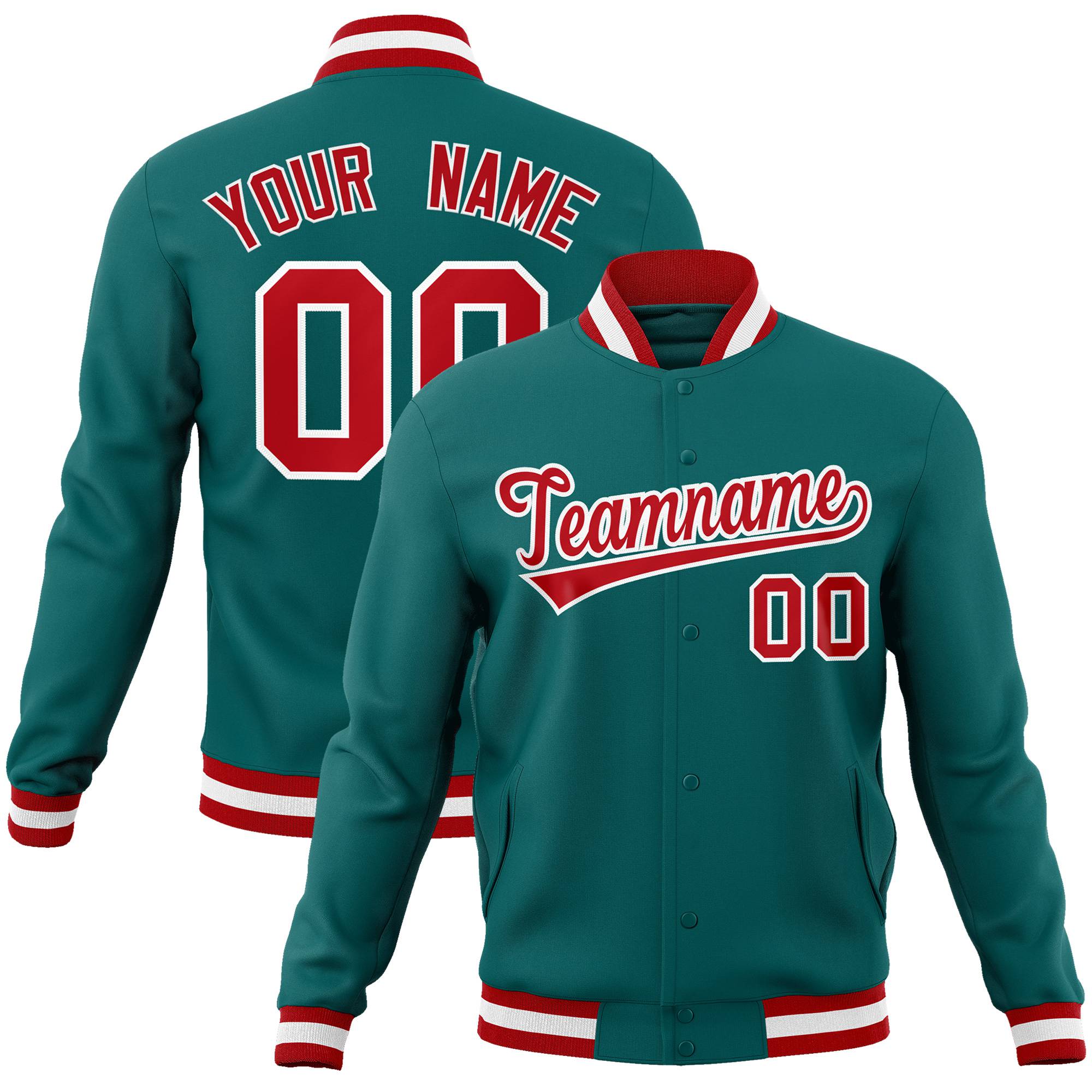 Custom Aqua- Red-White Bomber Full-Snap Varsity Letterman Jacket