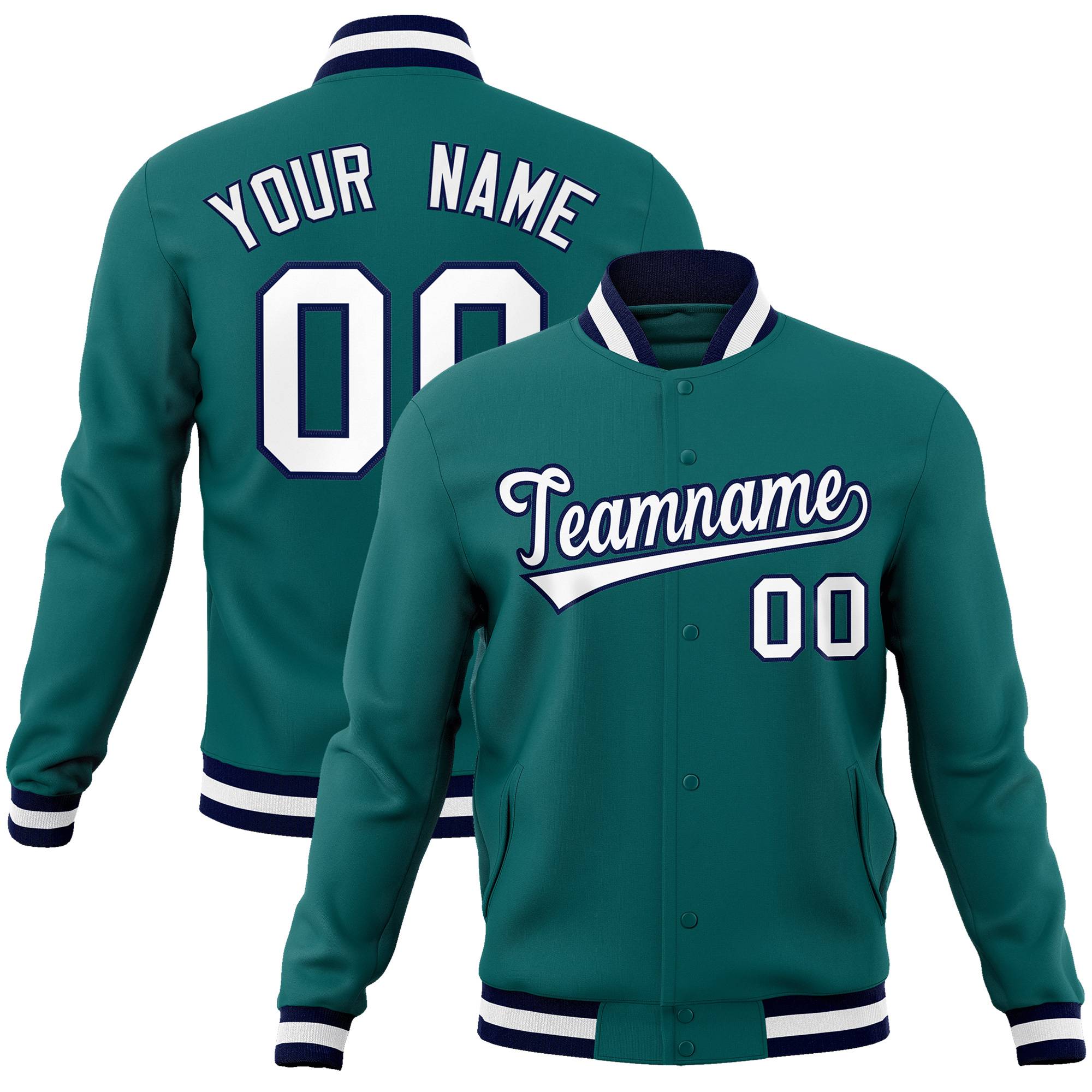 Custom Aqua- White-Navy Bomber Full-Snap Varsity Letterman Jacket