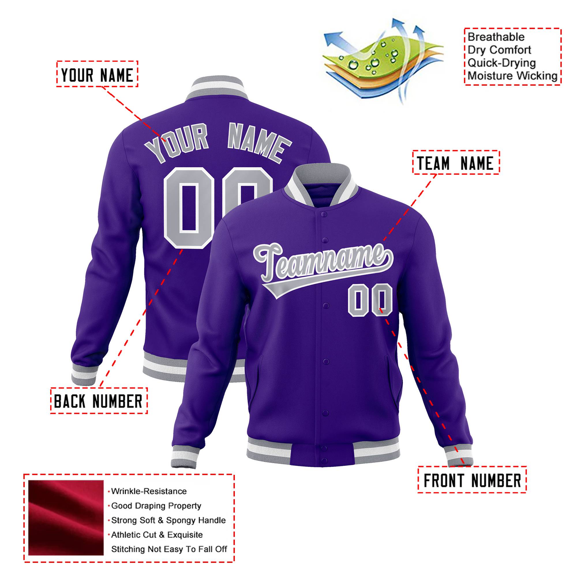 Custom Purple- Gray-White Bomber Full-Snap Varsity Letterman Jacket