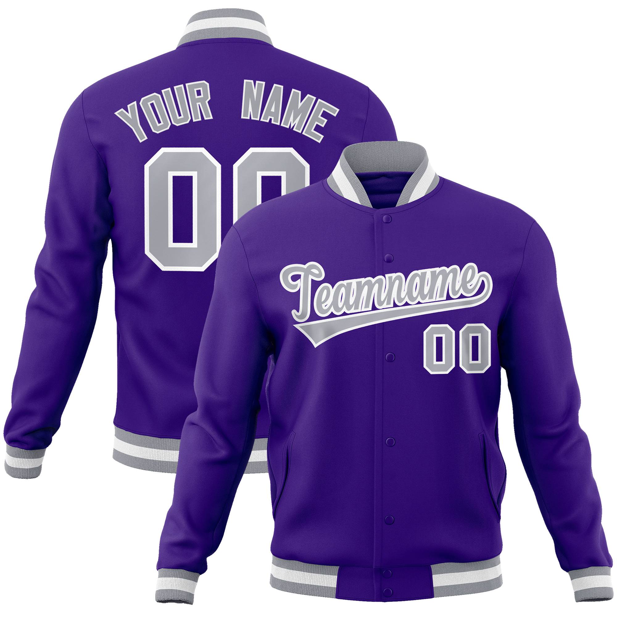 Custom Purple- Gray-White Bomber Full-Snap Varsity Letterman Jacket