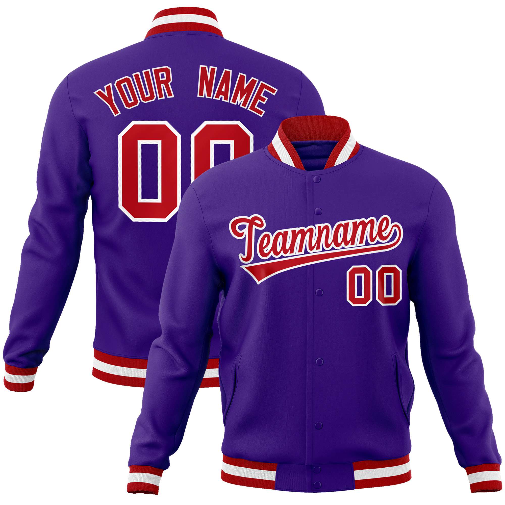 Custom Purple- Red-White Bomber Full-Snap Varsity Letterman Jacket