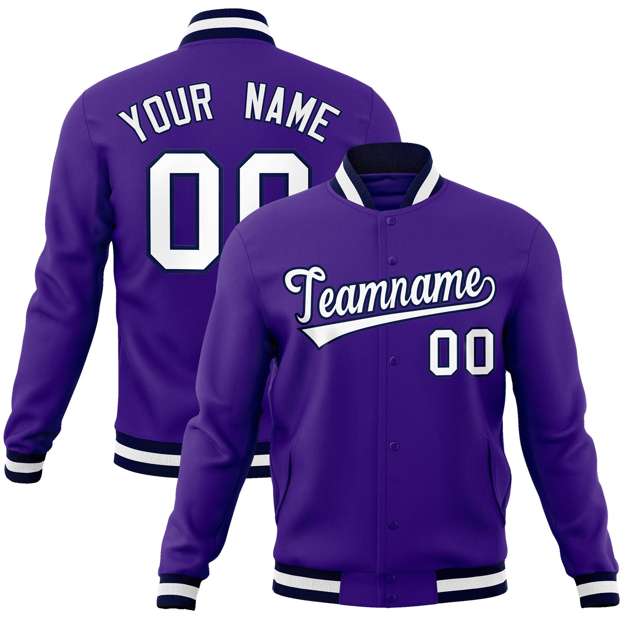 Custom Purple- White-Black Bomber Full-Snap Varsity Letterman Jacket