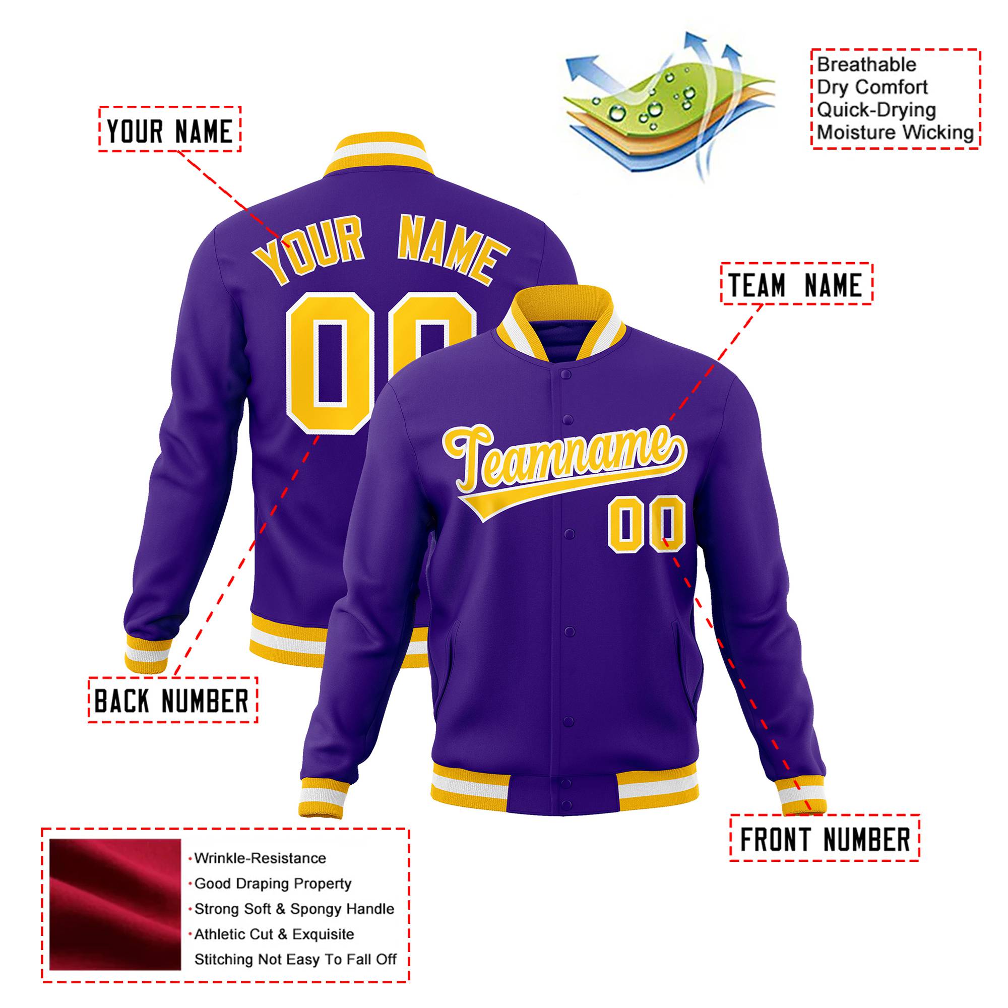 Custom Purple- Yellow-White Bomber Full-Snap Varsity Letterman Jacket