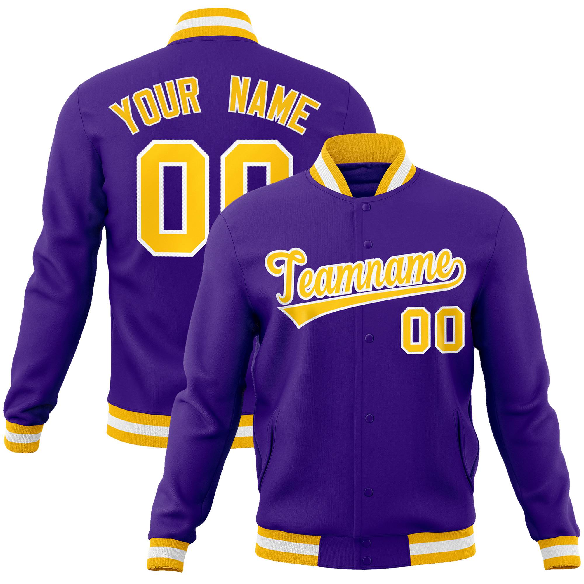 Custom Purple- Yellow-White Bomber Full-Snap Varsity Letterman Jacket