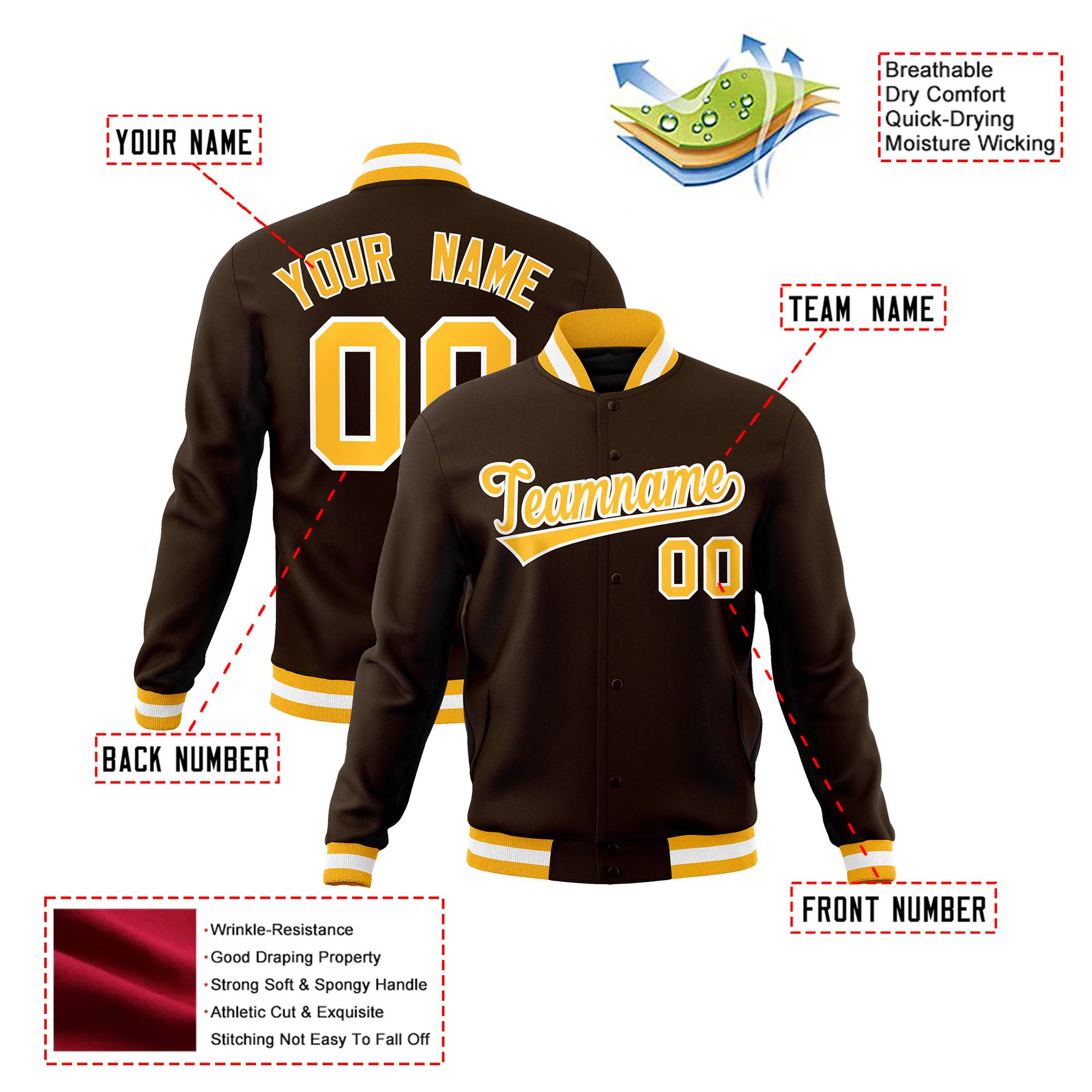 Custom Brown- Yellow-White Bomber Full-Snap Varsity Letterman Jacket