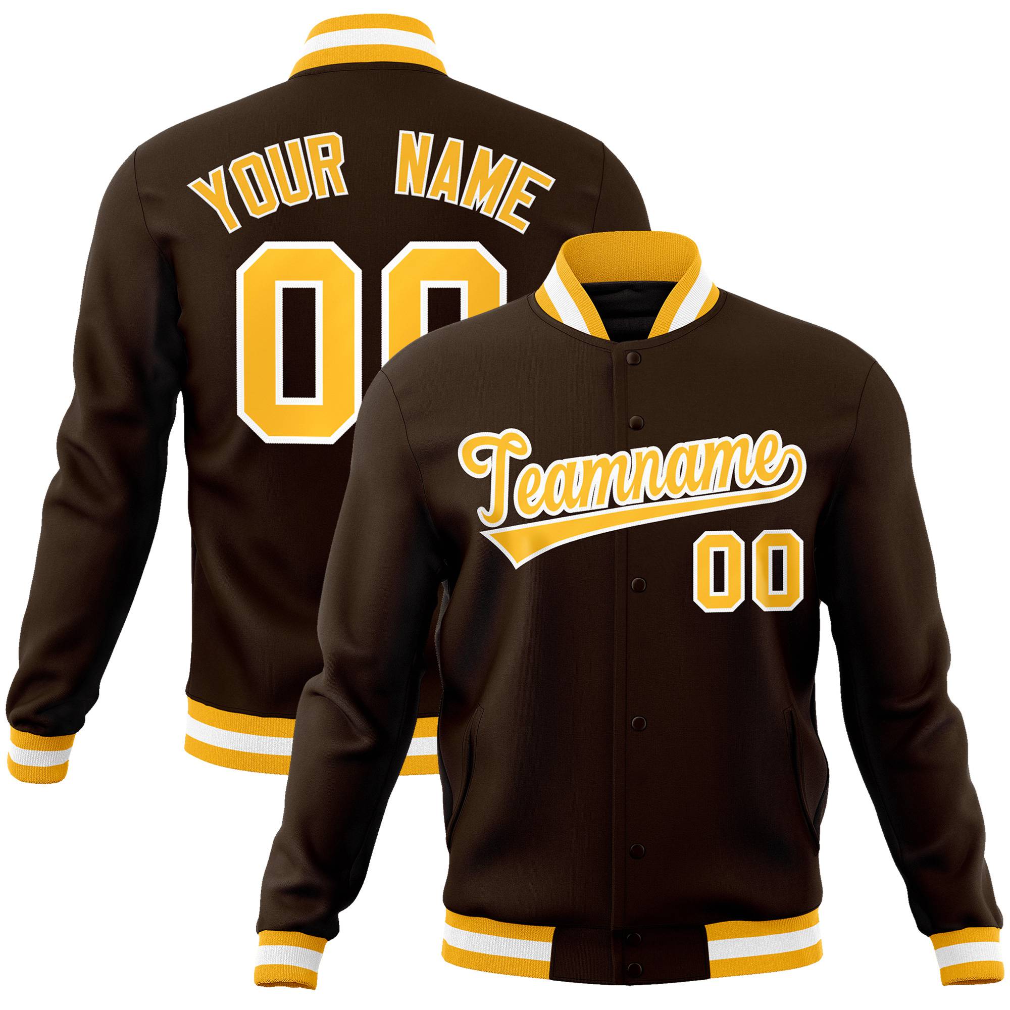 Custom Brown- Yellow-White Bomber Full-Snap Varsity Letterman Jacket