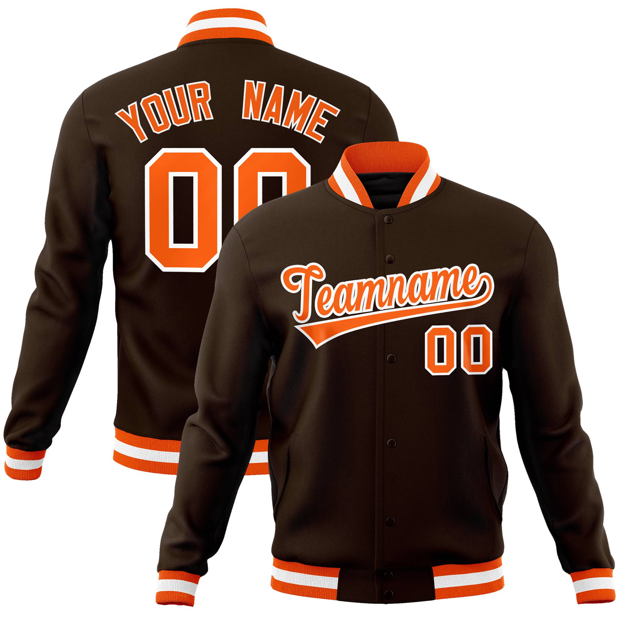 Custom Brown- Orange-White Bomber Full-Snap Varsity Letterman Jacket