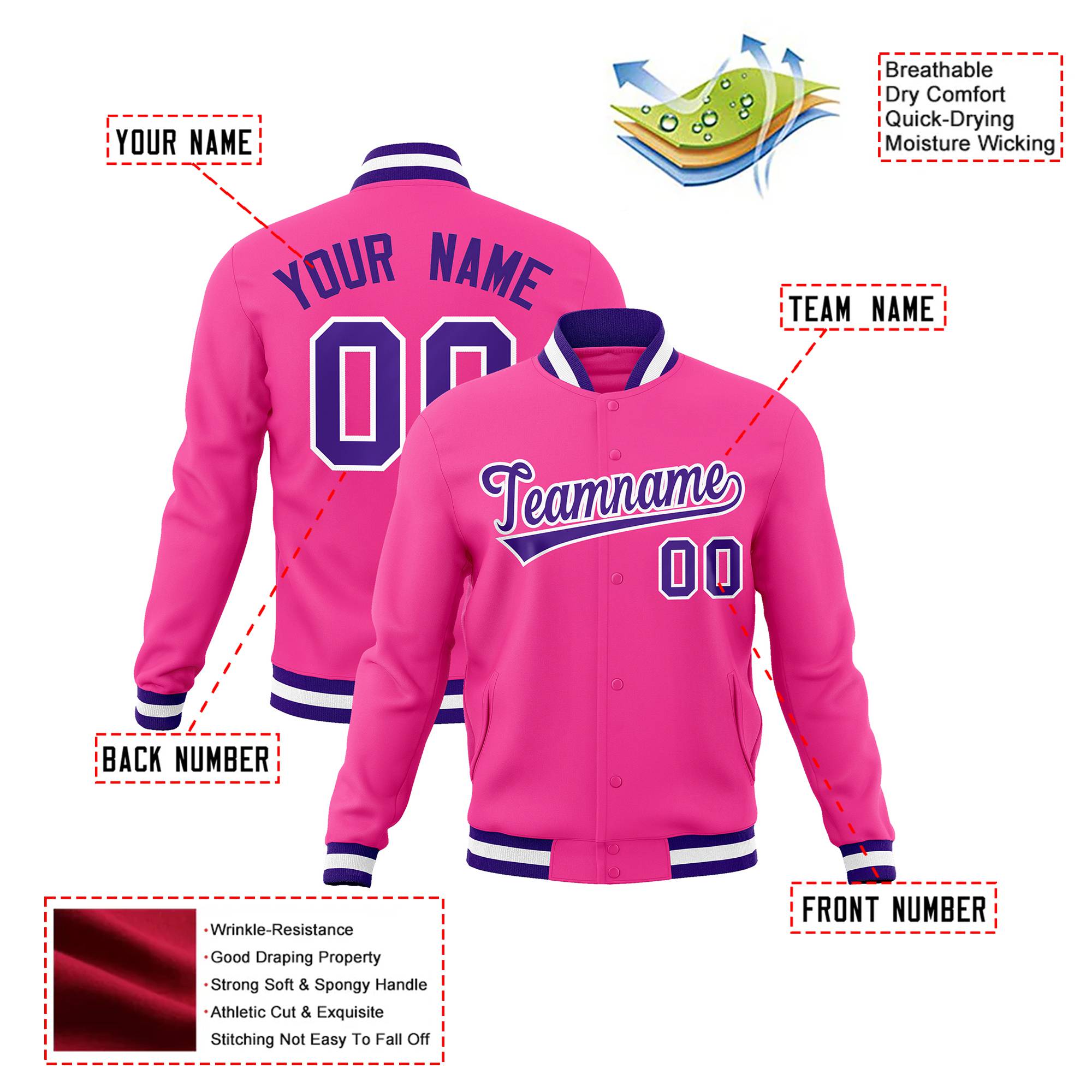 Custom Pink- Purple-White Bomber Full-Snap Varsity Letterman Jacket