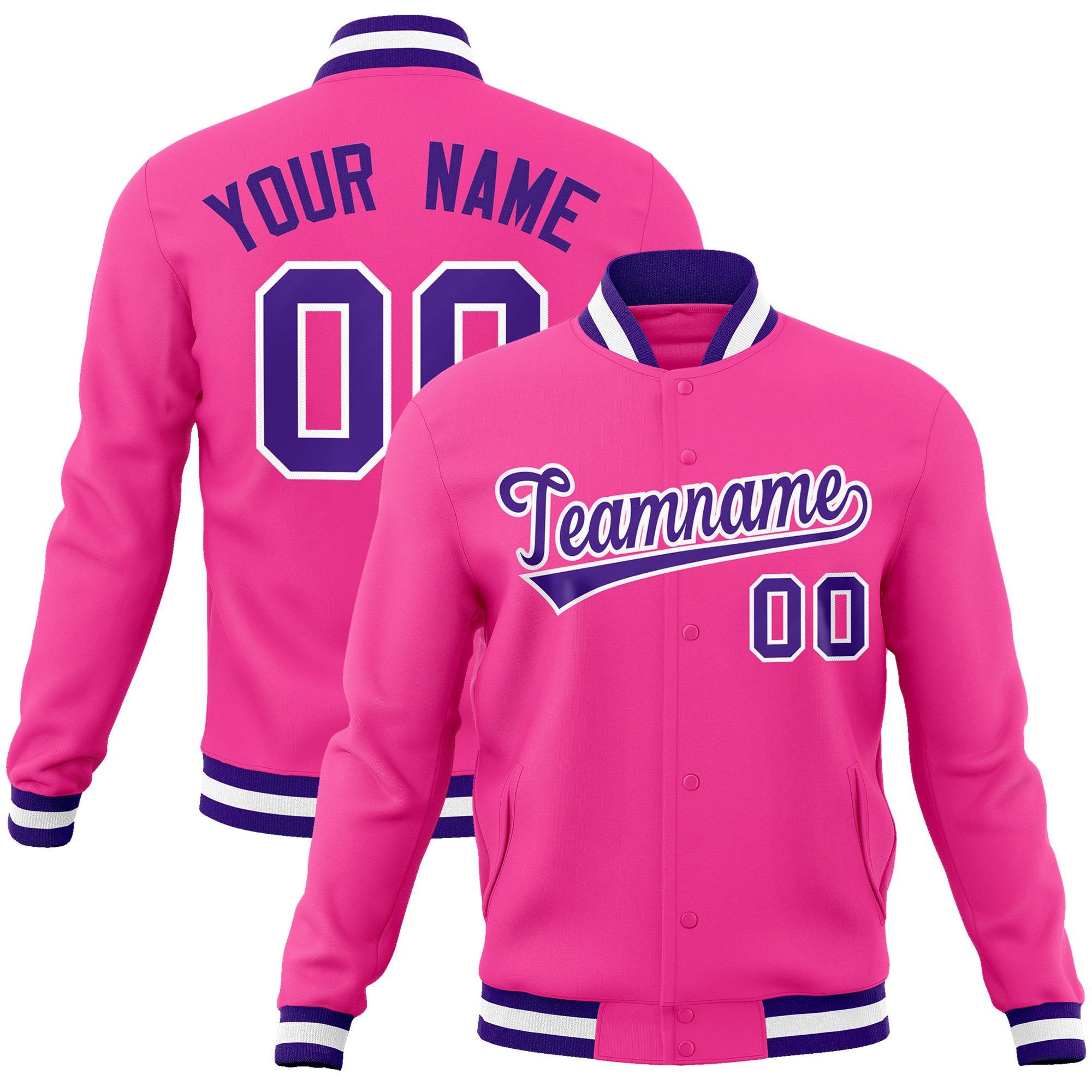 Custom Pink- Purple-White Bomber Full-Snap Varsity Letterman Jacket