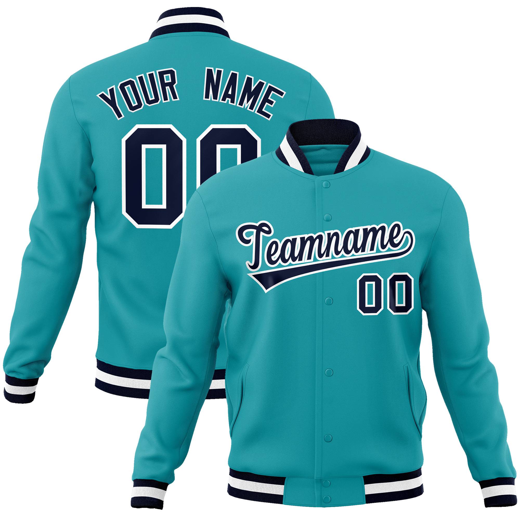 Custom Aqua-Navy-White Bomber Full-Snap Varsity Letterman Jacket