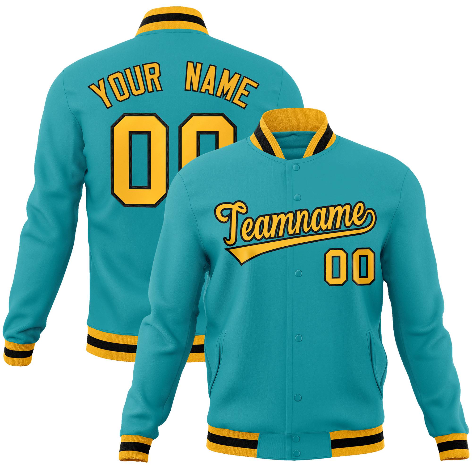 Custom Aqua- Yellow-Black Bomber Full-Snap Varsity Letterman Jacket