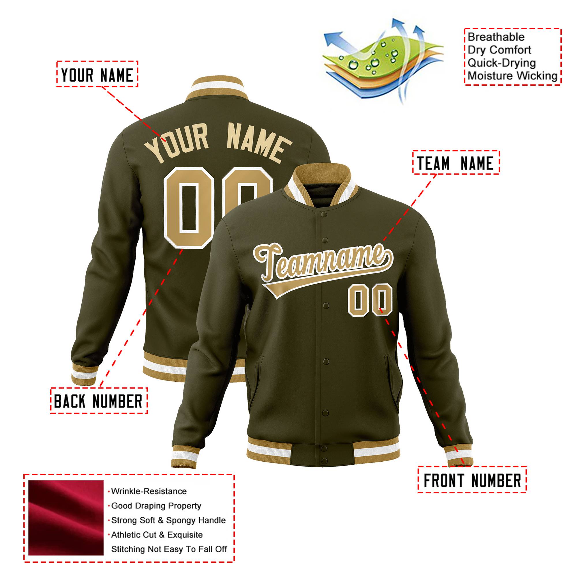 Custom Olive- Old Gold- White Bomber Full-Snap Varsity Letterman Jacket