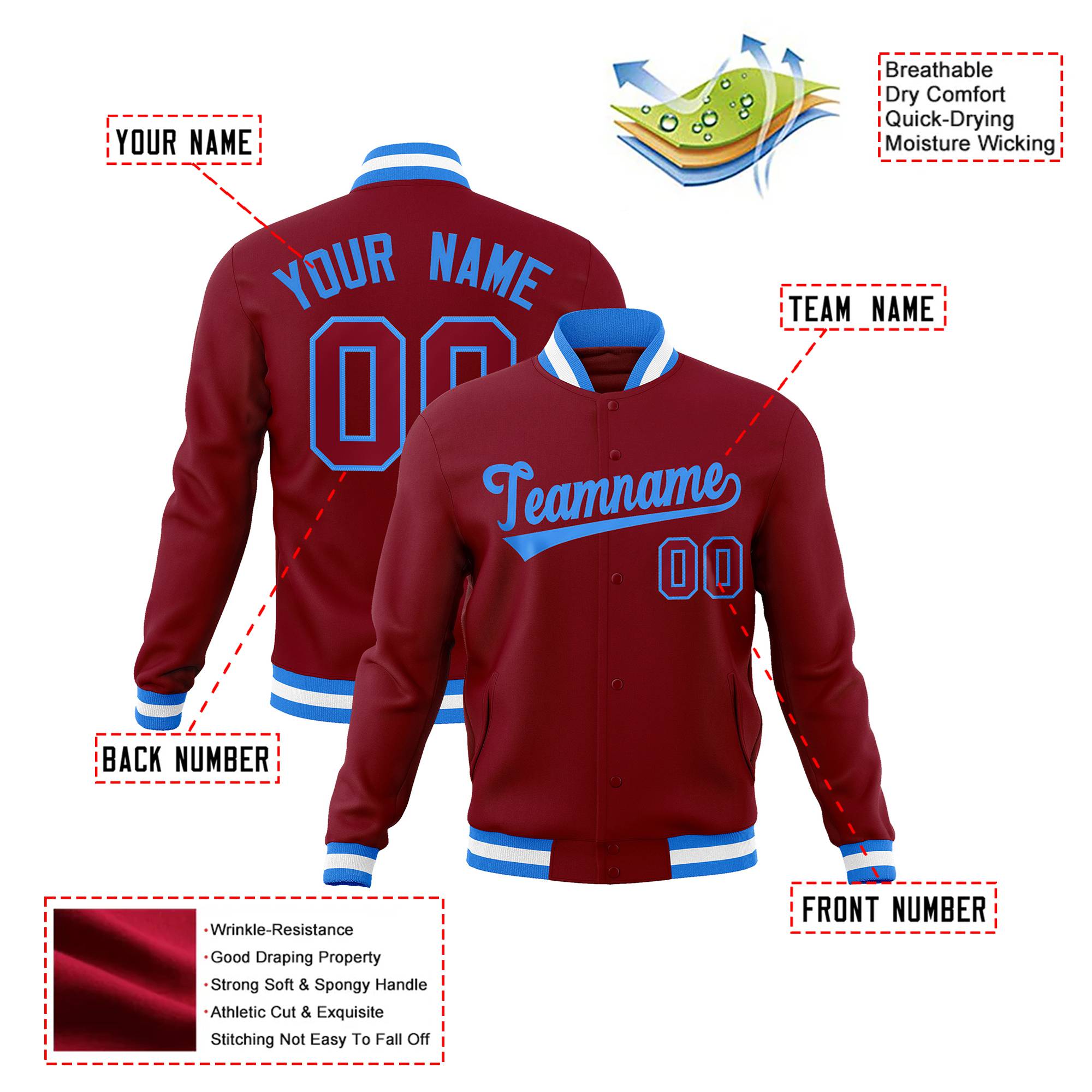 Custom Crimson-Powder Blue -White Bomber Full-Snap Varsity Letterman Jacket