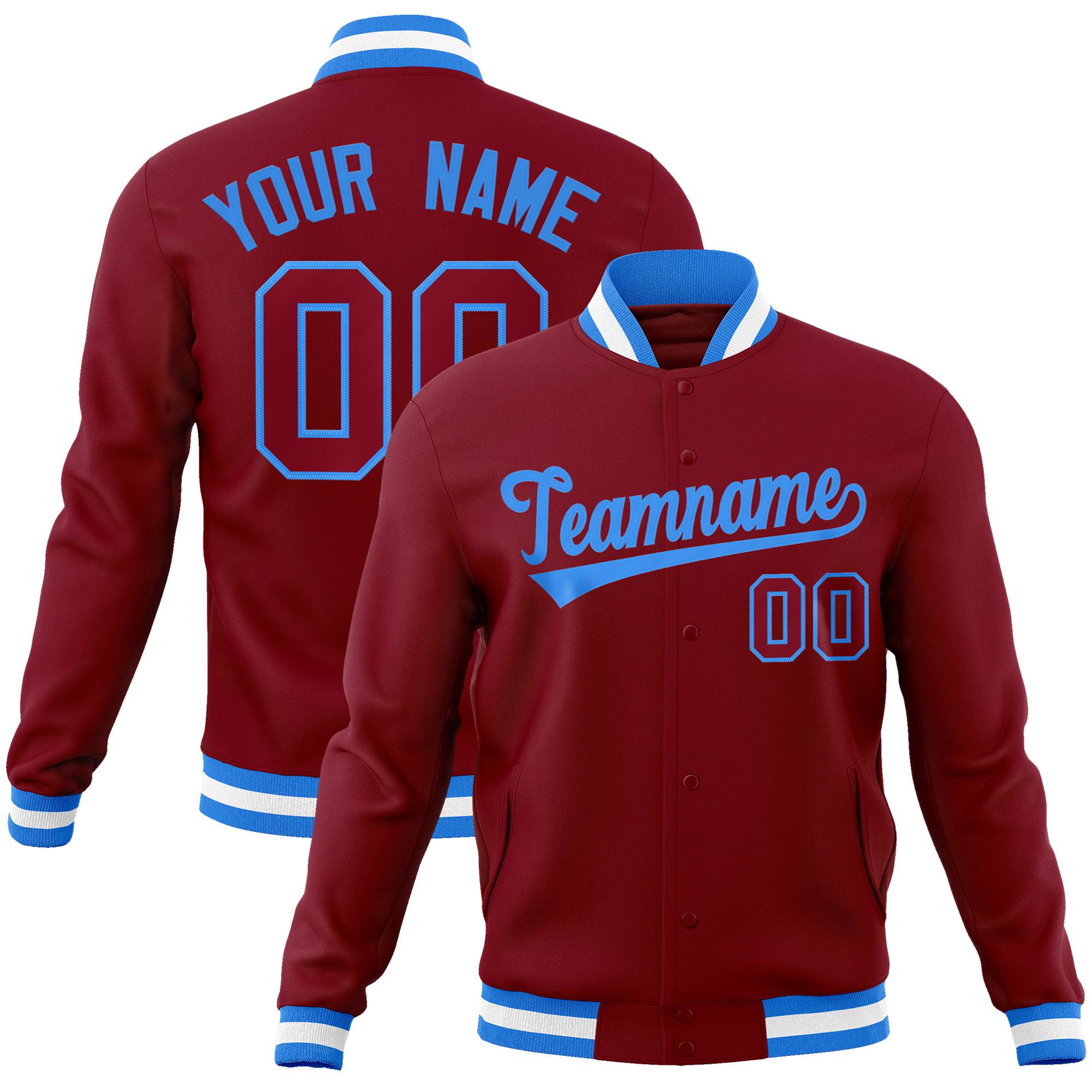 Custom Crimson-Powder Blue -White Bomber Full-Snap Varsity Letterman Jacket