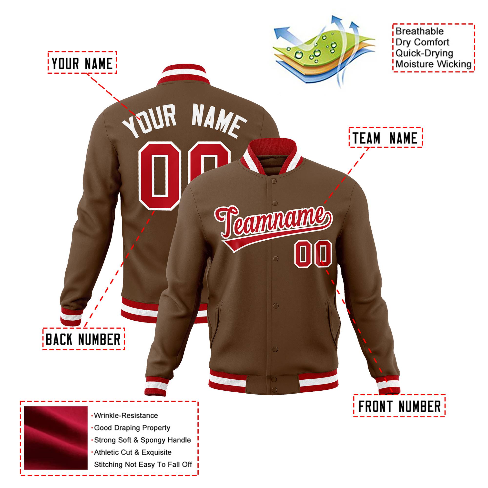 Custom Brown- Red-White Bomber Full-Snap Varsity Letterman Jacket