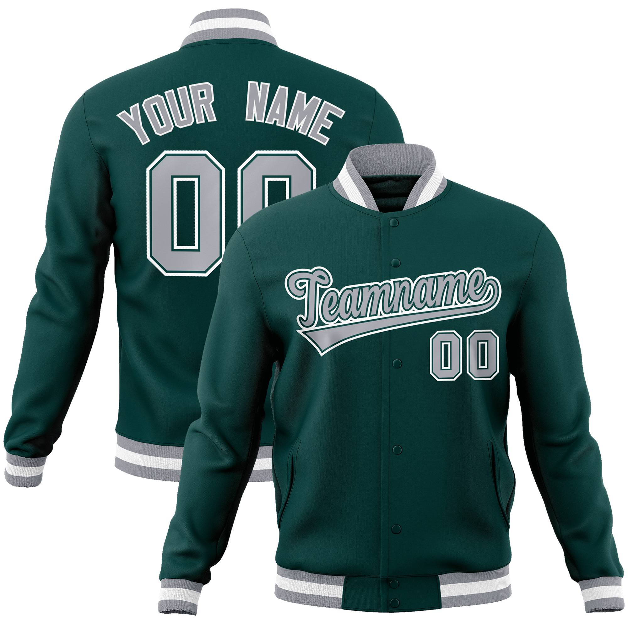 Custom Midnight Green- Gray- White Bomber Full-Snap Varsity Letterman Jacket