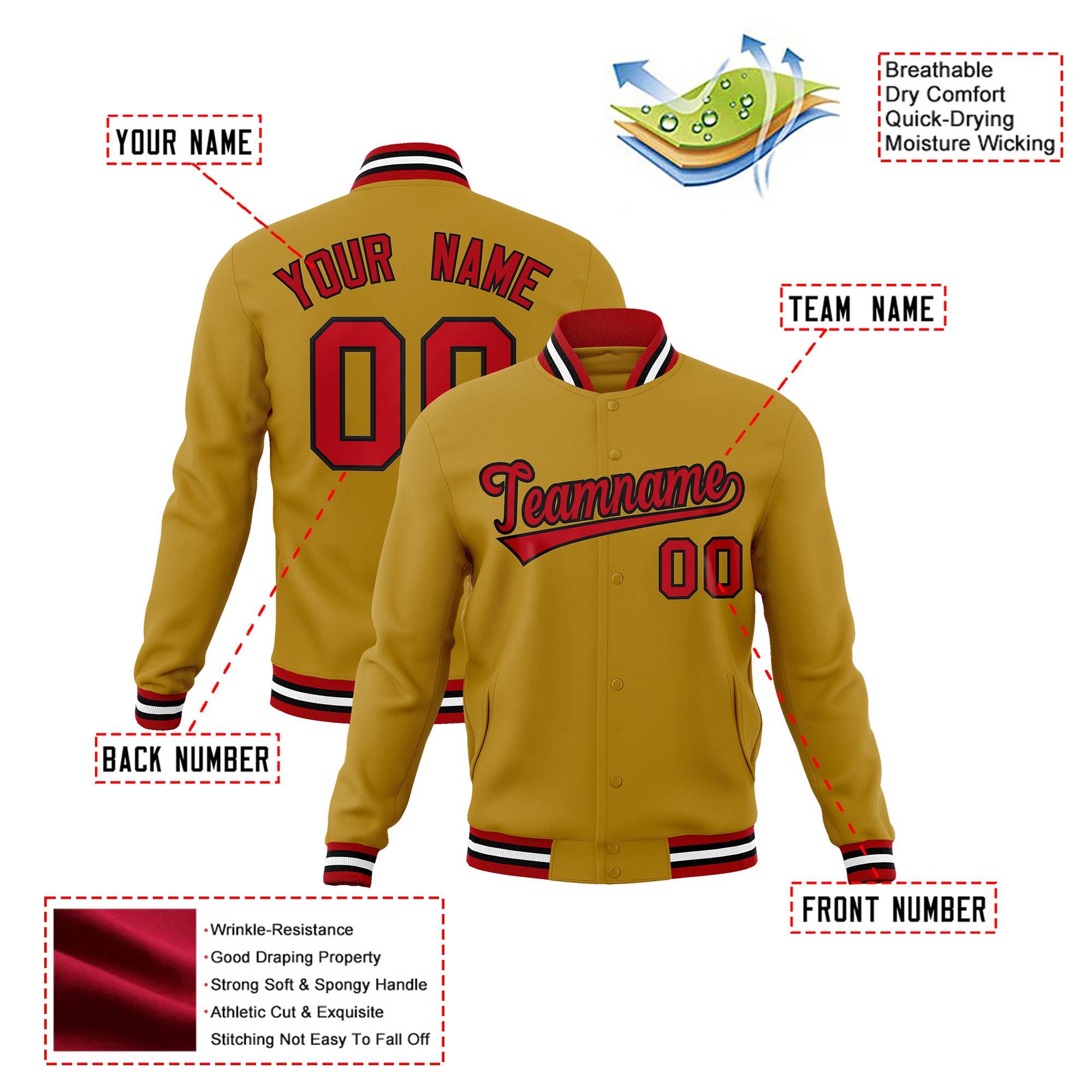 Custom Gold- Red-White Bomber Full-Snap Varsity Letterman Jacket