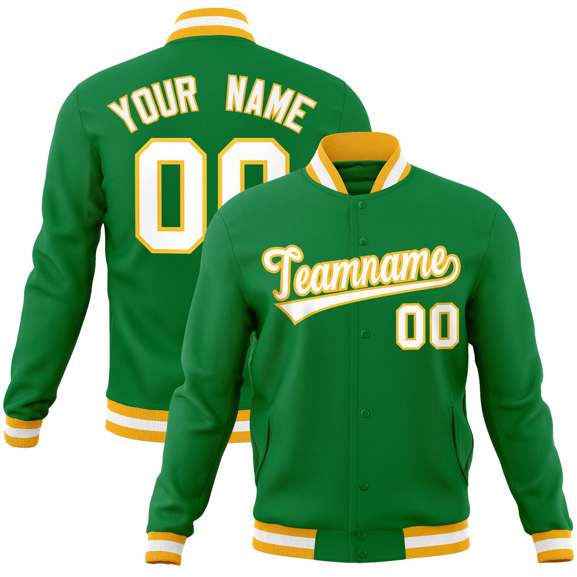 Custom Kelly Green- White-Gold Bomber Full-Snap Varsity Letterman Jacket