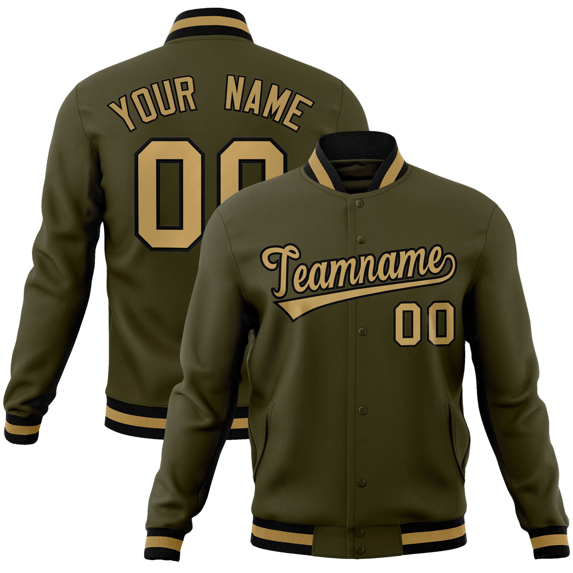 Custom Olive- Old-Gold-Black Bomber Full-Snap Varsity Letterman Jacket