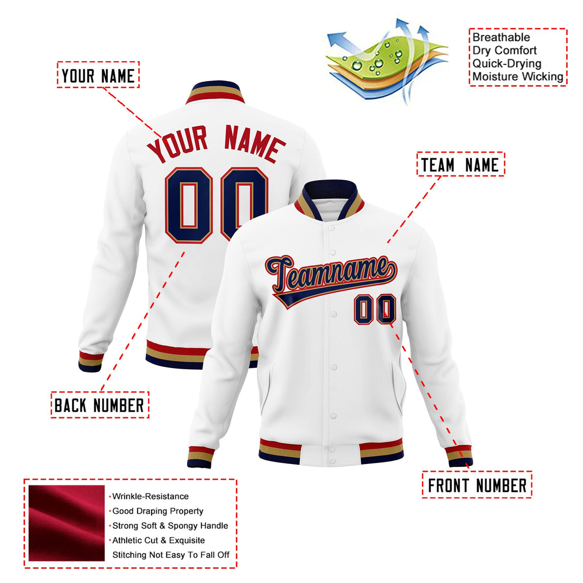 Custom White-Old-Gold-Red Bomber Full-Snap Varsity Letterman Jacket