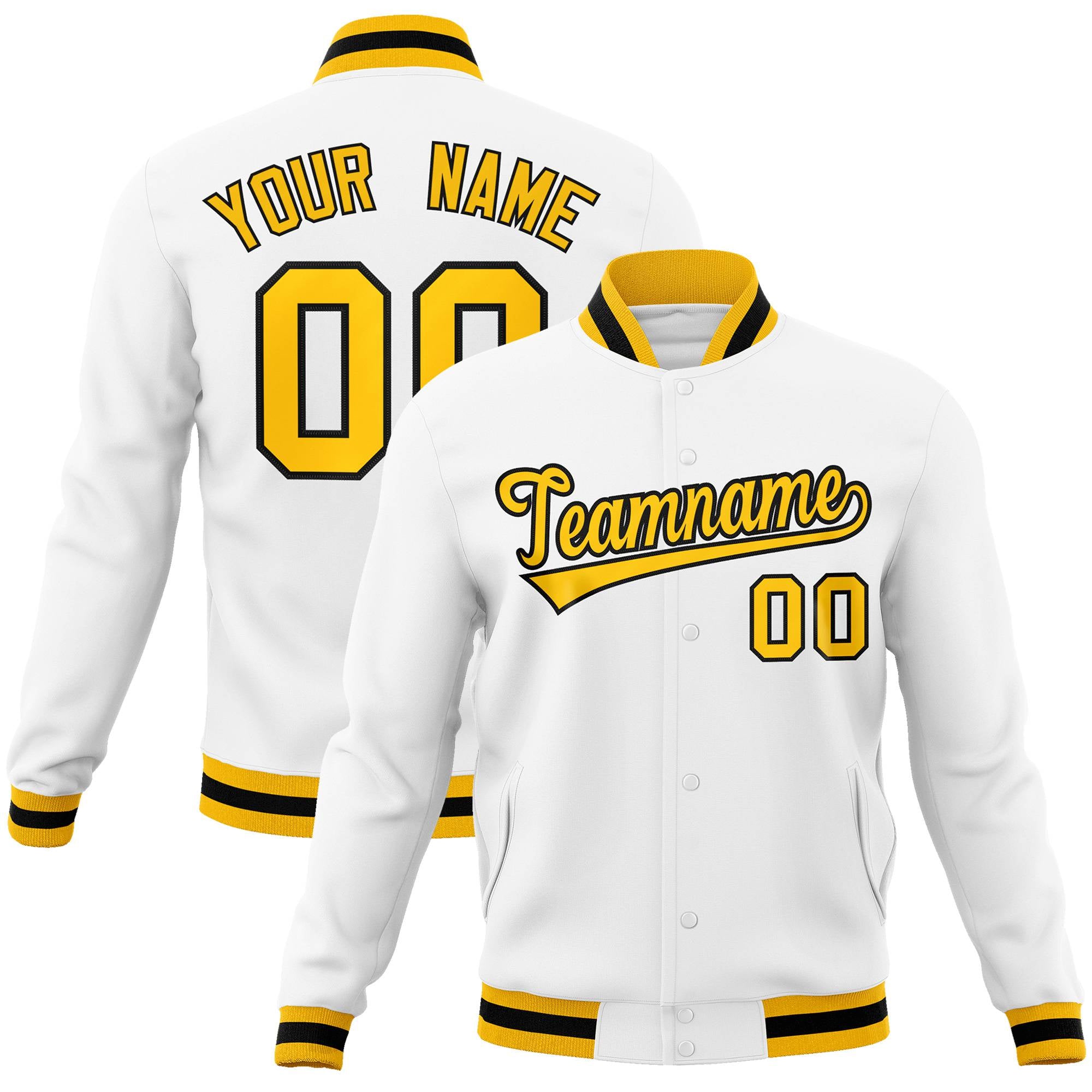 Custom White- Gold-Black Bomber Full-Snap Varsity Letterman Jacket