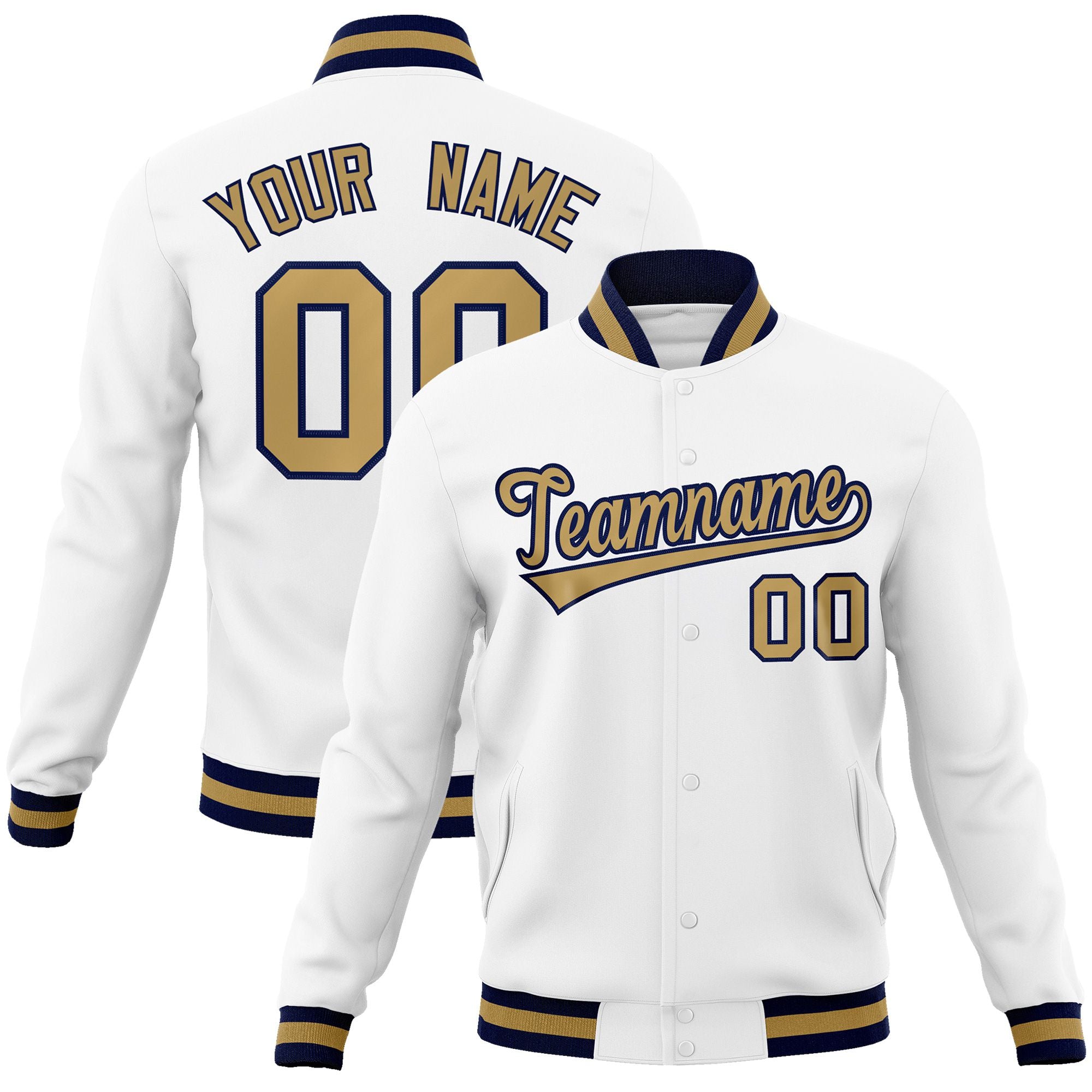 Custom White- Old Gold- Navy Bomber Full-Snap Varsity Letterman Jacket