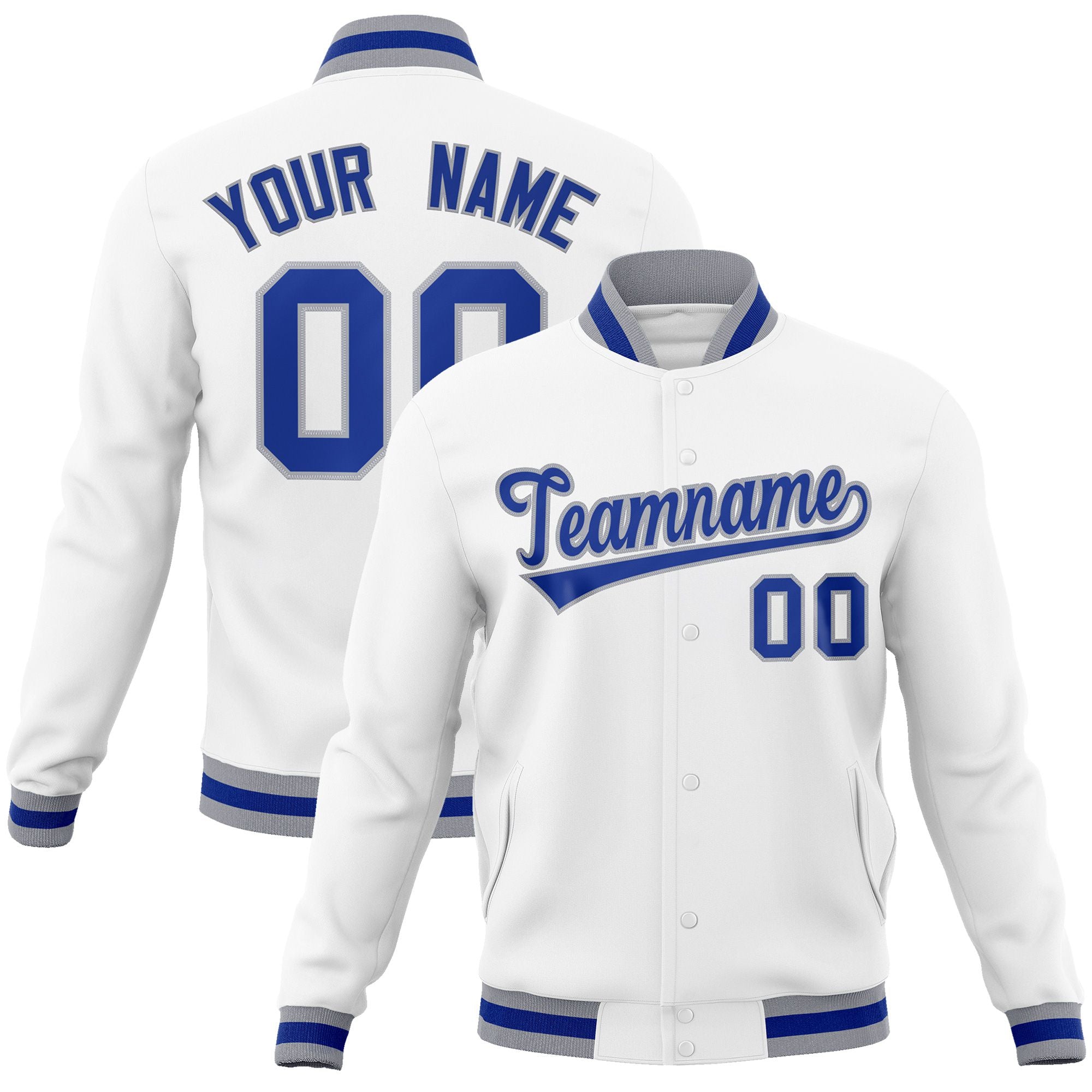 Custom White- Blue-Gray Bomber Full-Snap Varsity Letterman Jacket