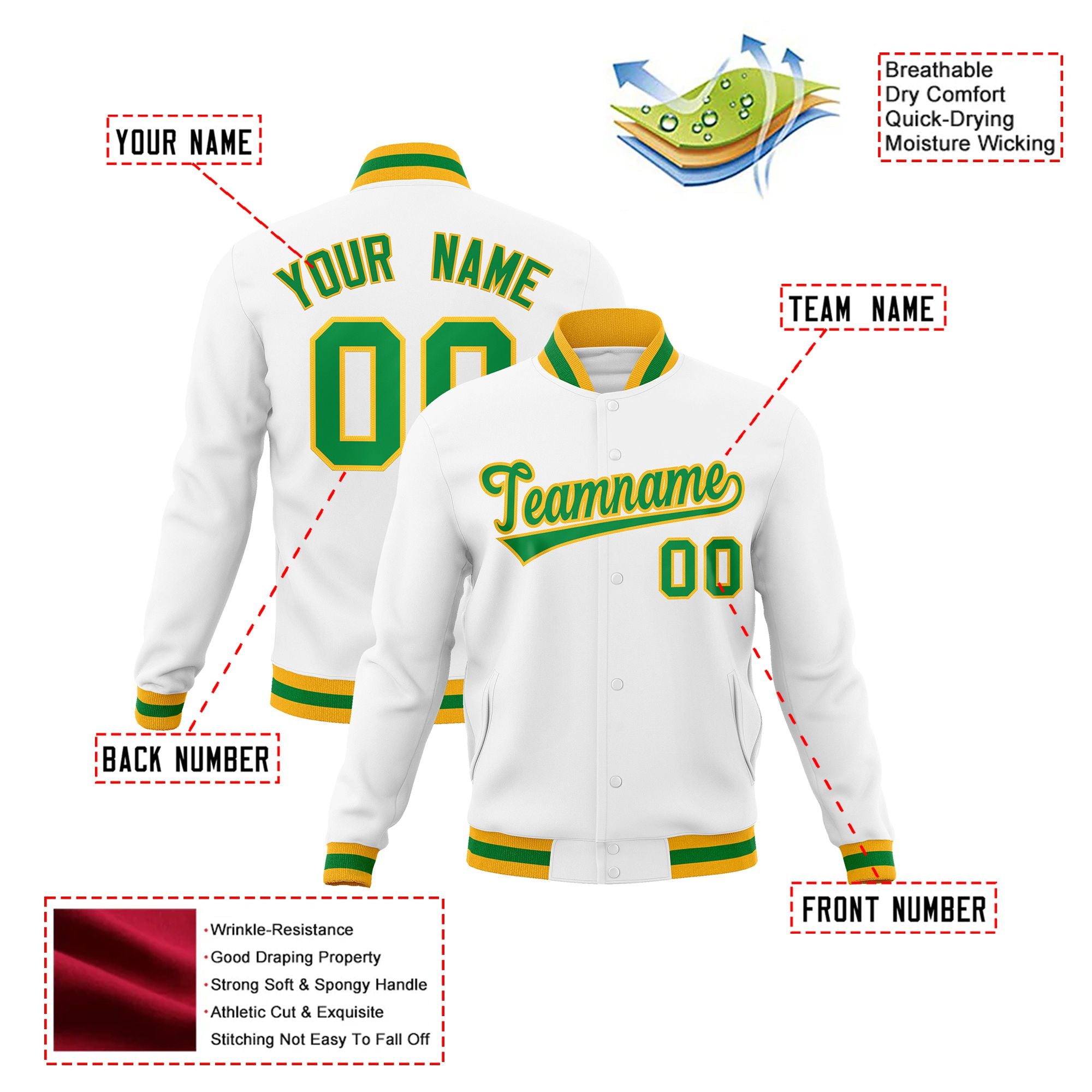 Custom White- Neon-Green- Gold Bomber Full-Snap Varsity Letterman Jacket