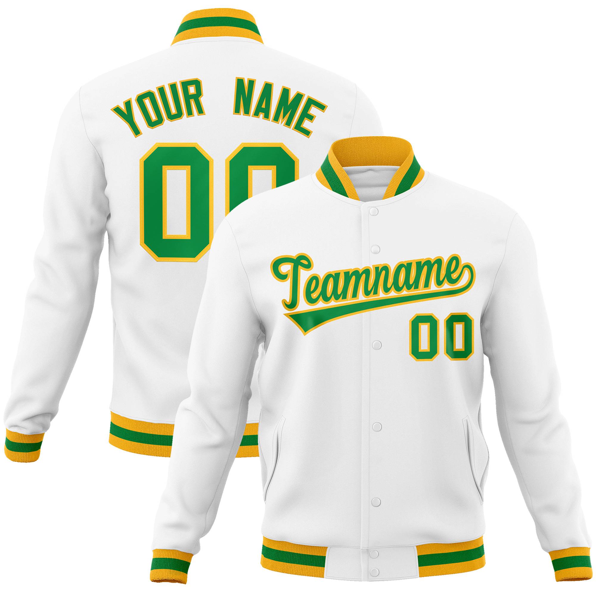 Custom White- Neon-Green- Gold Bomber Full-Snap Varsity Letterman Jacket