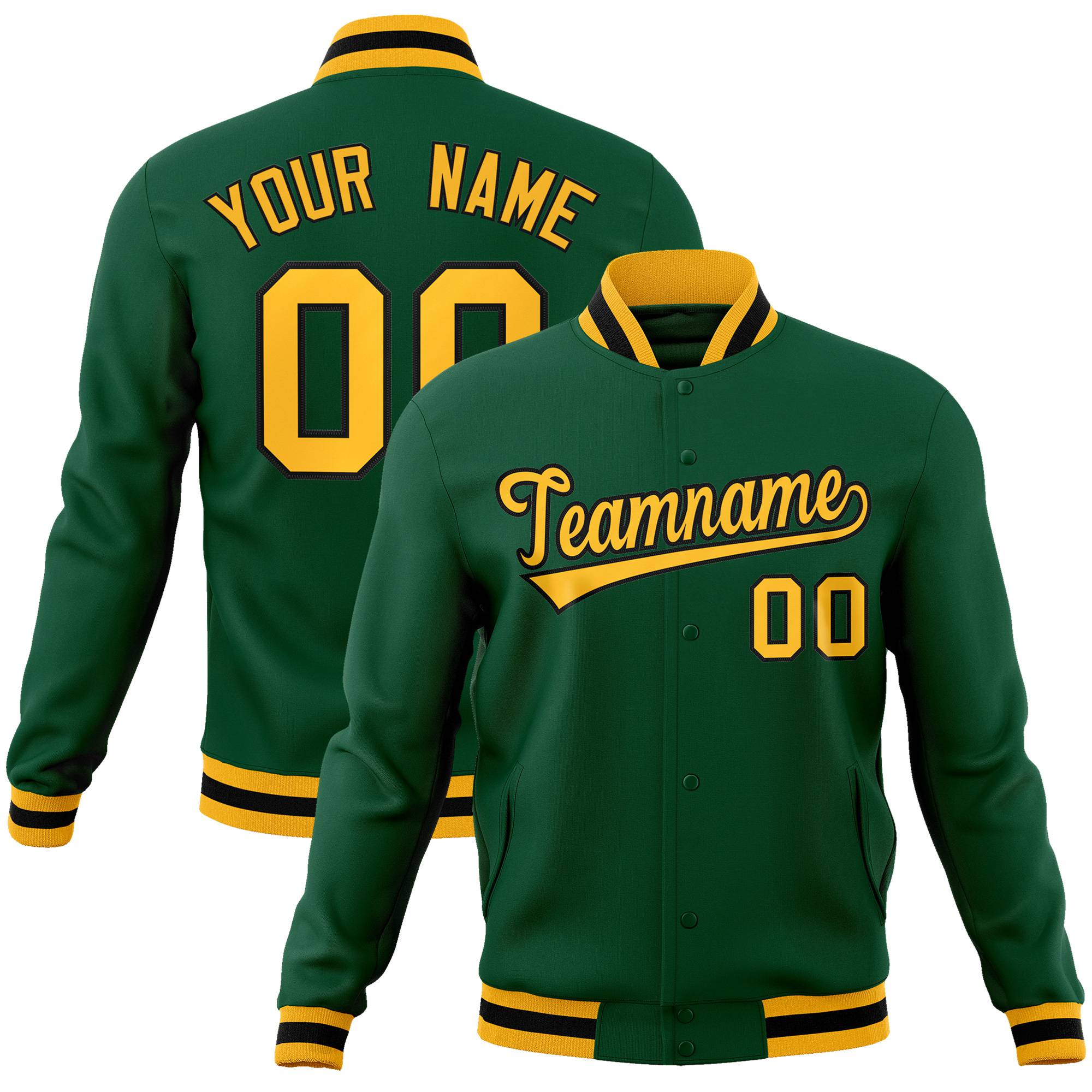 Custom Midnight-Green Yellow-Black Bomber Full-Snap Varsity Letterman Jacket