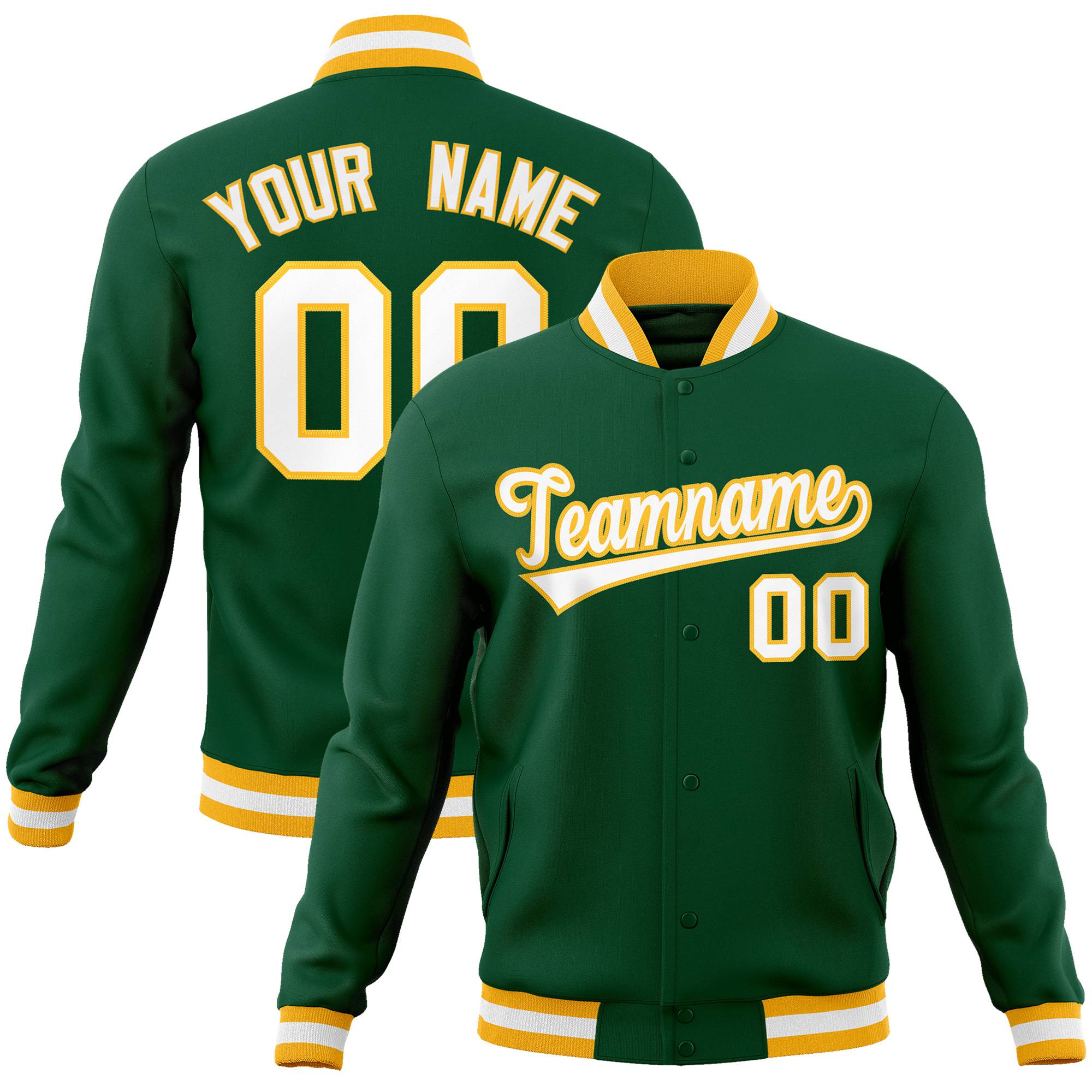 Custom Midnight Green- White-Gold Bomber Full-Snap Varsity Letterman Jacket