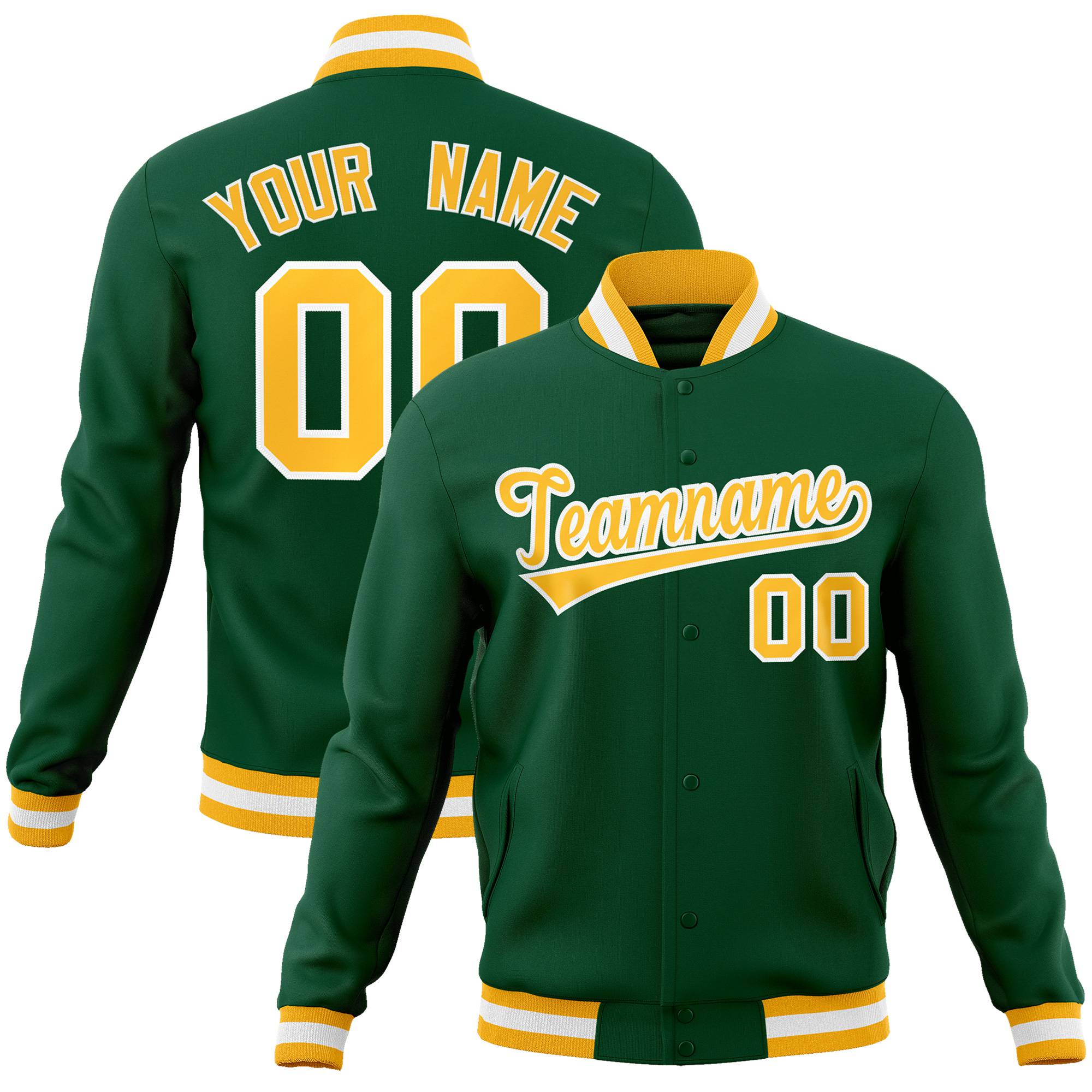 Custom Midnight Green- Yellow-White Bomber Full-Snap Varsity Letterman Jacket