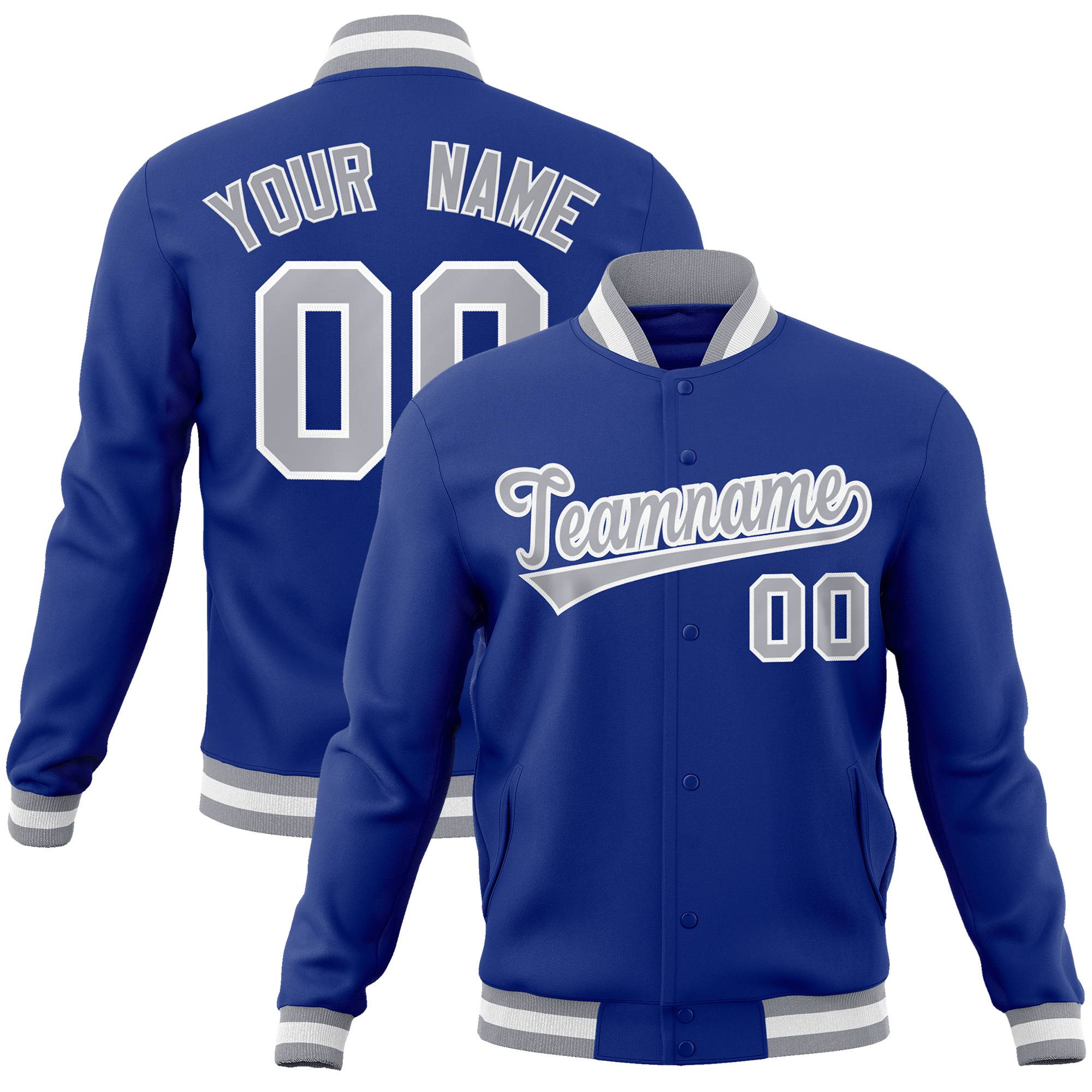 Custom Royal Blue- Gray-White Bomber Full-Snap Varsity Letterman Jacket