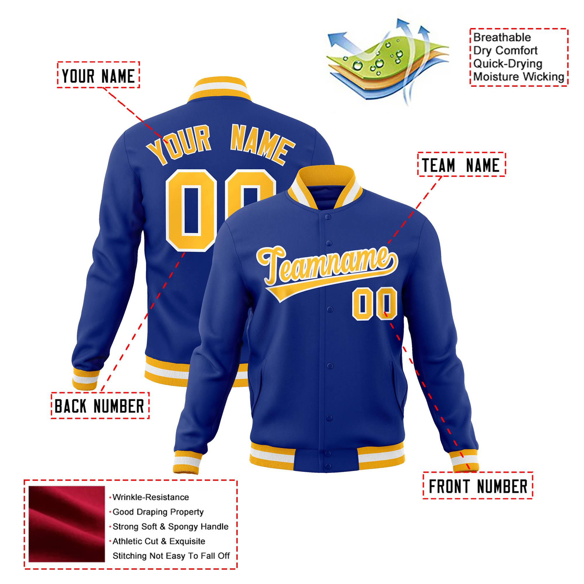 Custom Royal Blue-Yellow-White Bomber Full-Snap Varsity Letterman Jacket