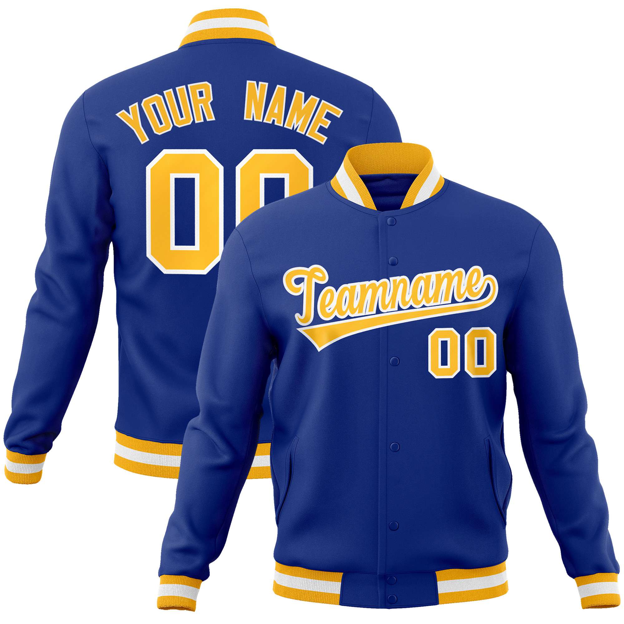 Custom Royal Blue-Yellow-White Bomber Full-Snap Varsity Letterman Jacket