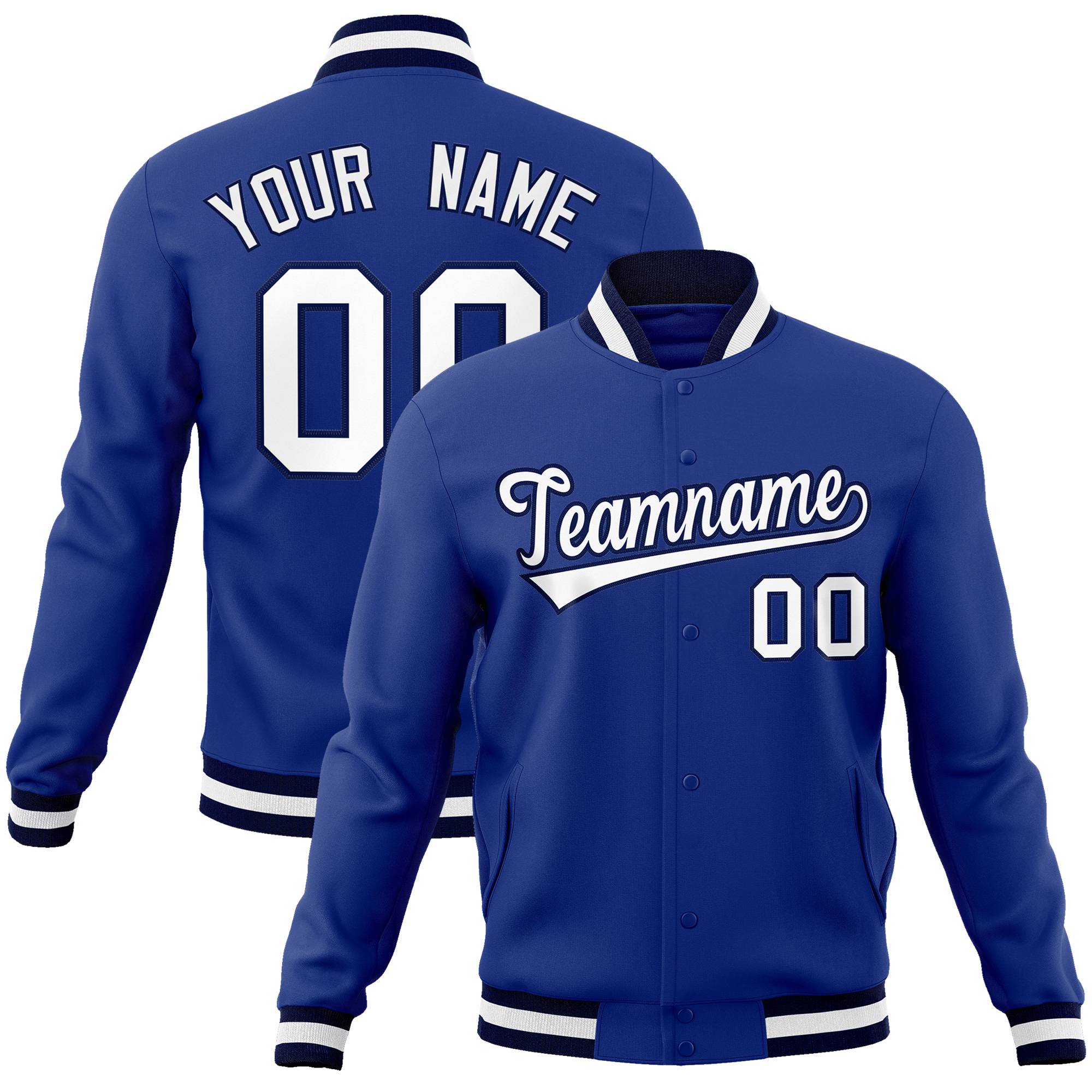 Custom Royal Blue- White-Black Bomber Full-Snap Varsity Letterman Jacket