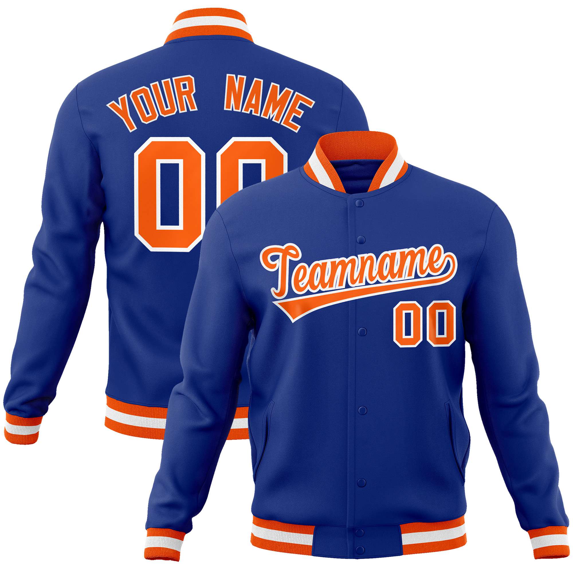 Custom Royal Blue- Orange-White Bomber Full-Snap Varsity Letterman Jacket