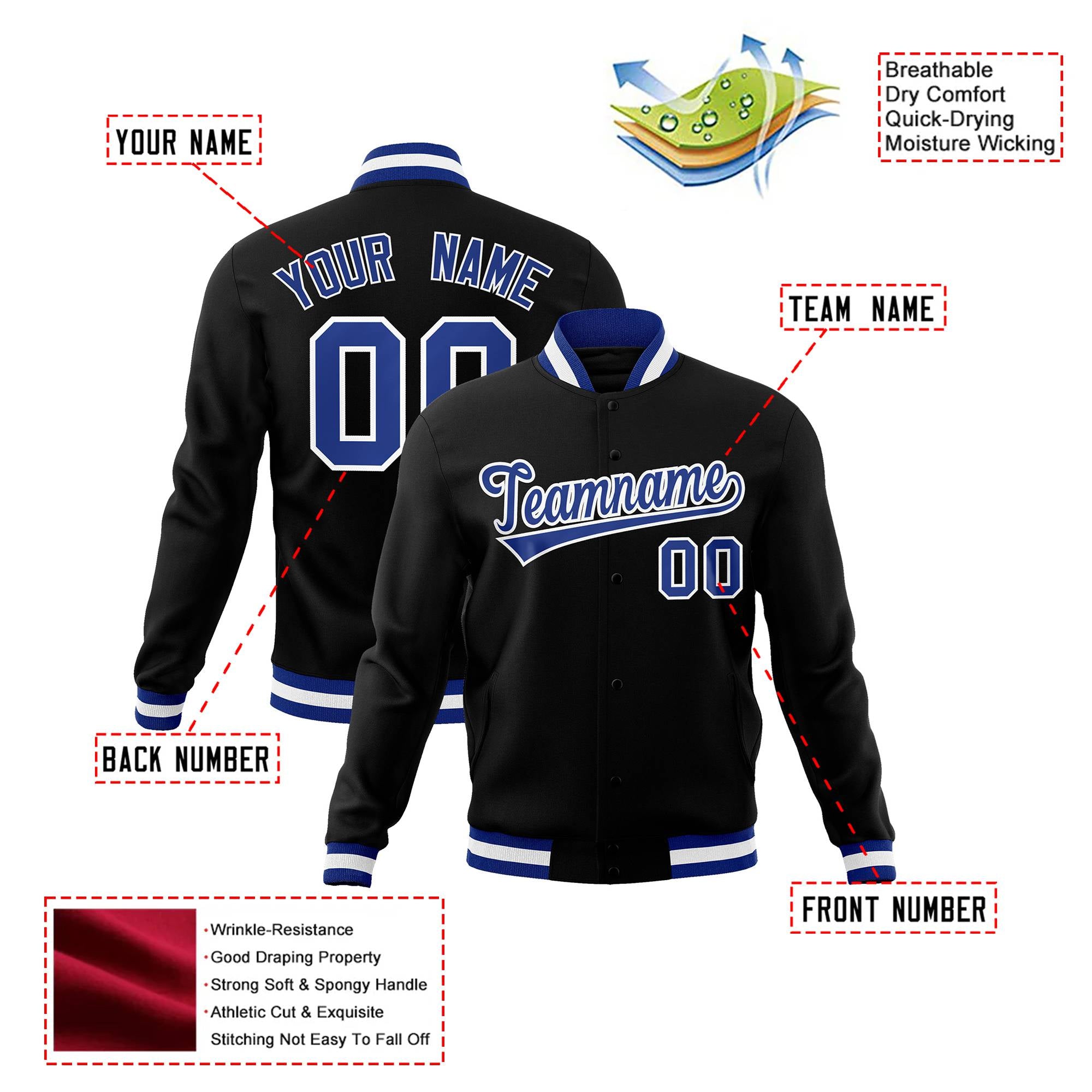 Custom Black-Royal Blue-White Bomber Full-Snap Varsity Letterman Jacket