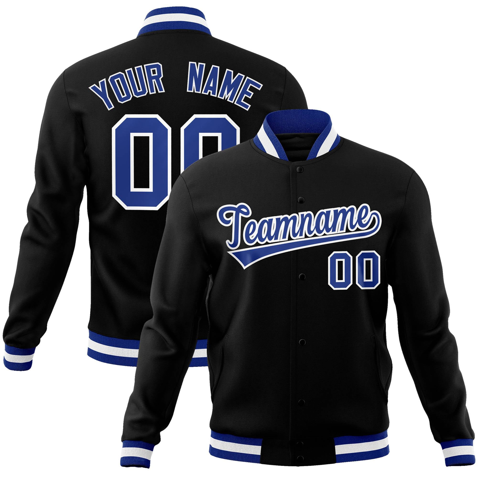 Custom Black-Royal Blue-White Bomber Full-Snap Varsity Letterman Jacket