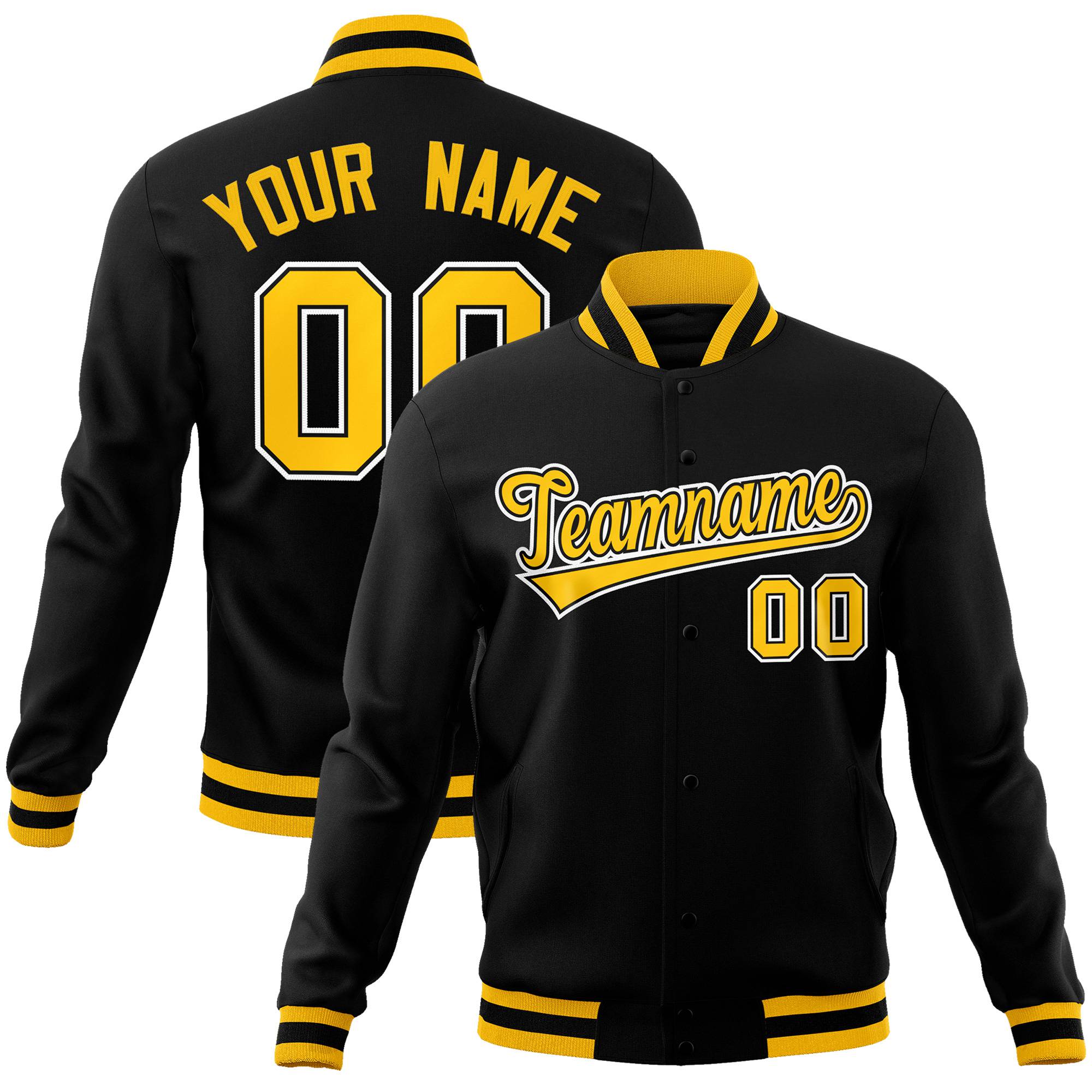 Custom Black- Gold-White Bomber Full-Snap Varsity Letterman Jacket