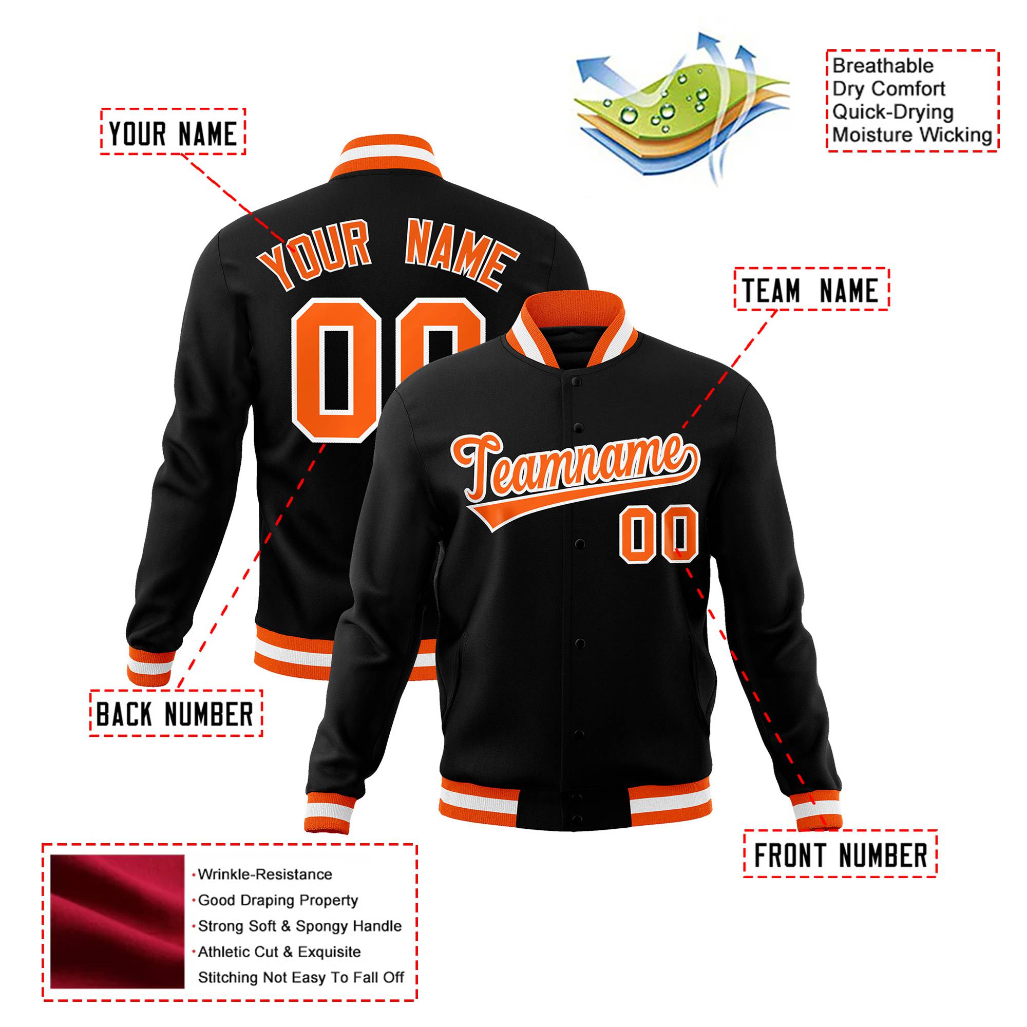 Custom Black- Orange-White Bomber Full-Snap Varsity Letterman Jacket