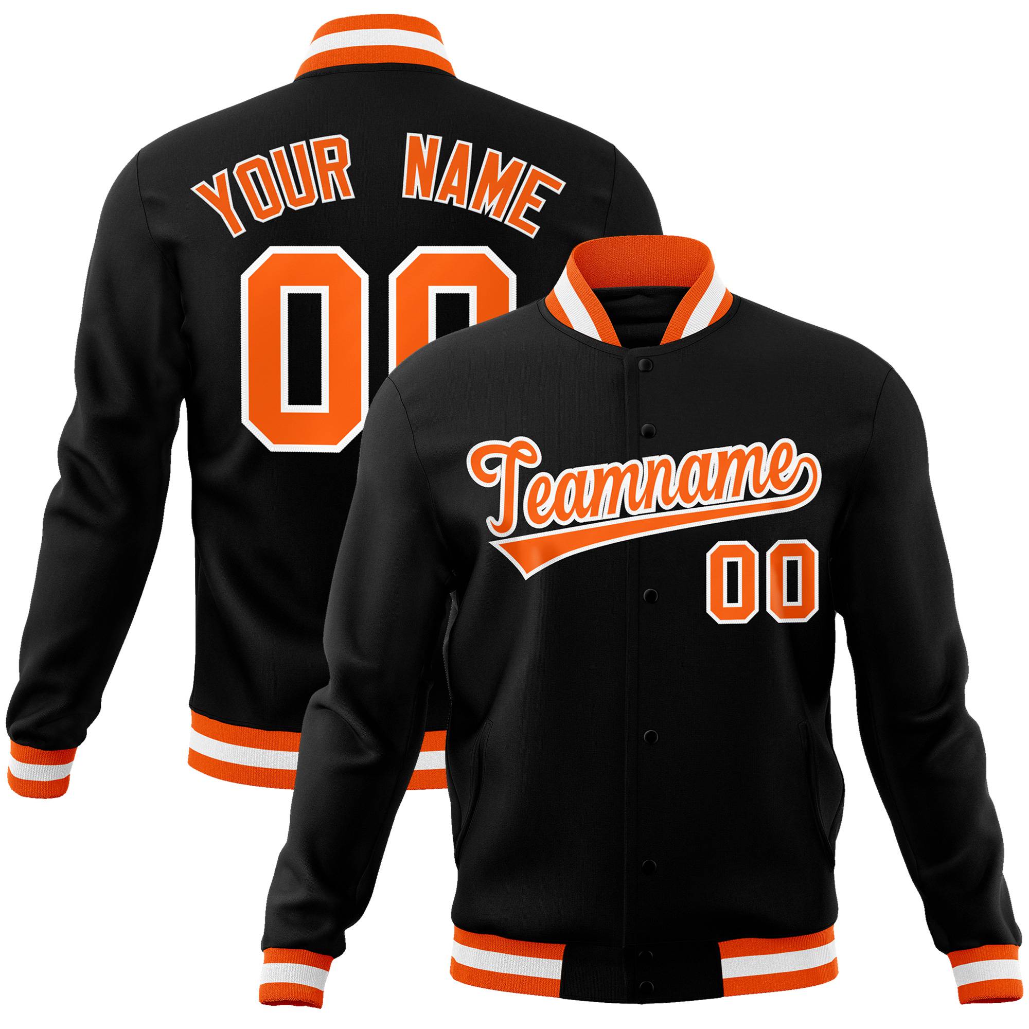 Custom Black- Orange-White Bomber Full-Snap Varsity Letterman Jacket