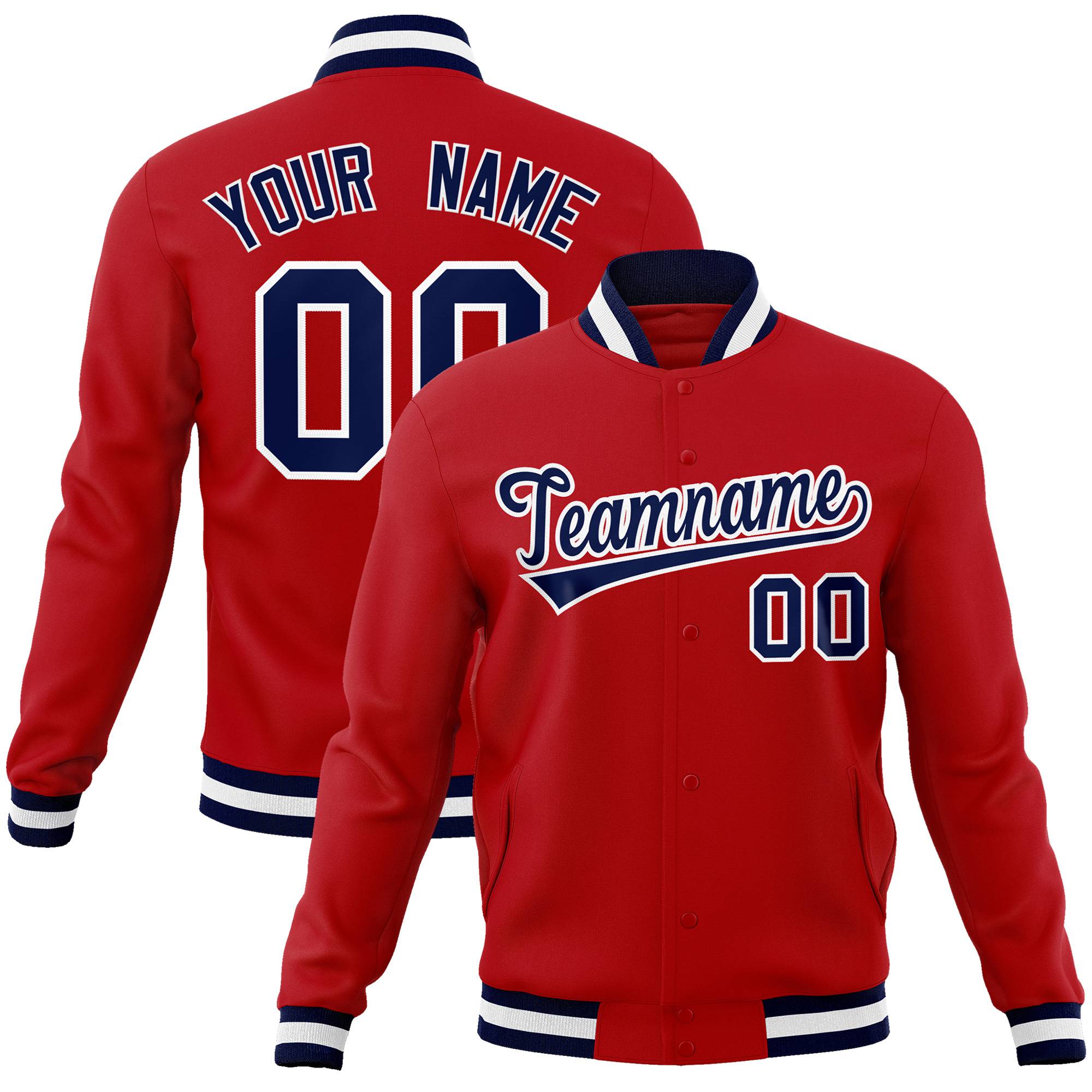 Custom Royal- Red- Navy Bomber Full-Snap Varsity Letterman Jacket