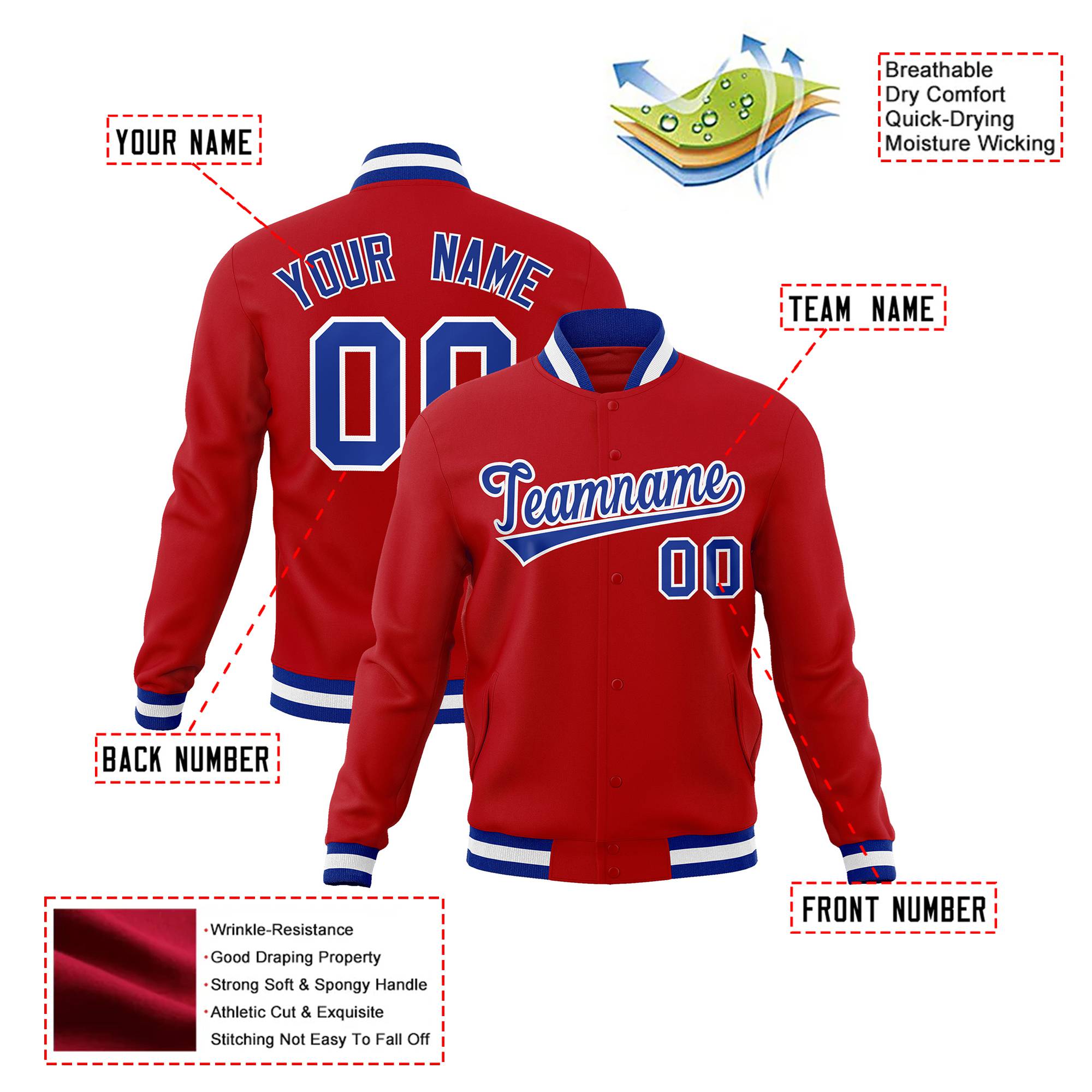 Custom Royal Red Blue-White Bomber Full-Snap Varsity Letterman Jacket