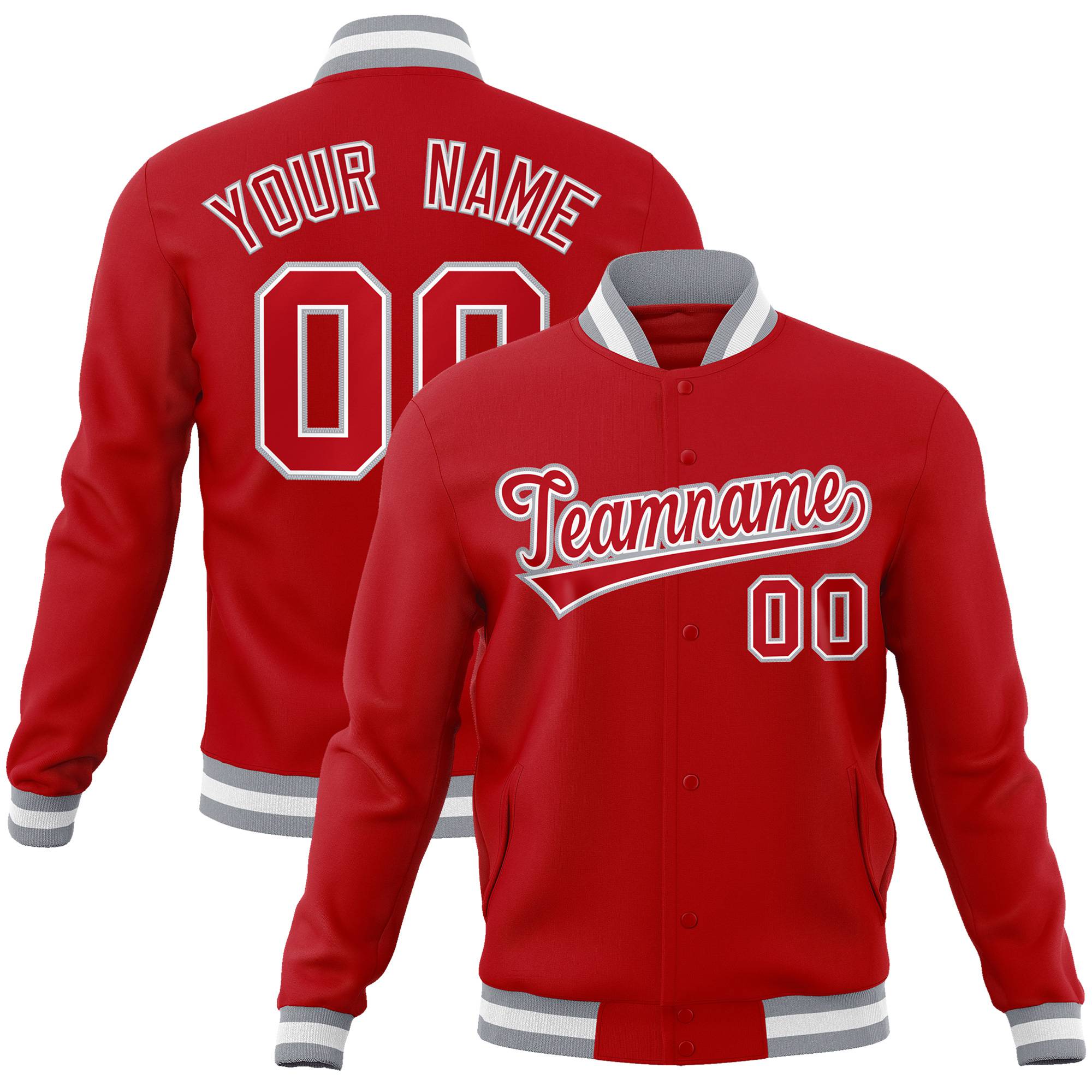 Custom Red- Gray-White Bomber Full-Snap Varsity Letterman Jacket